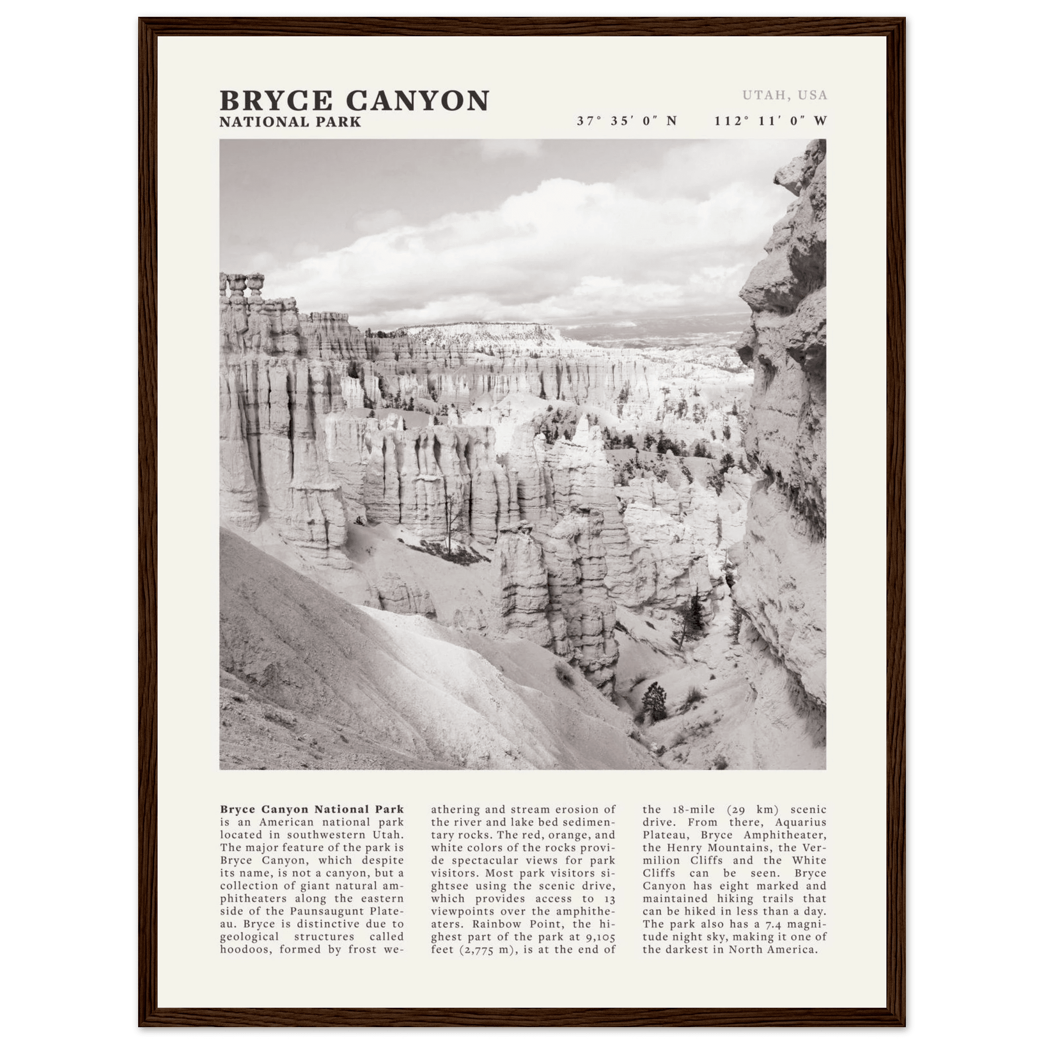 Bryce Canyon National Park Poster | Black & White Utah Hoodoos Wall Art Print - Evergreen Posters - 31