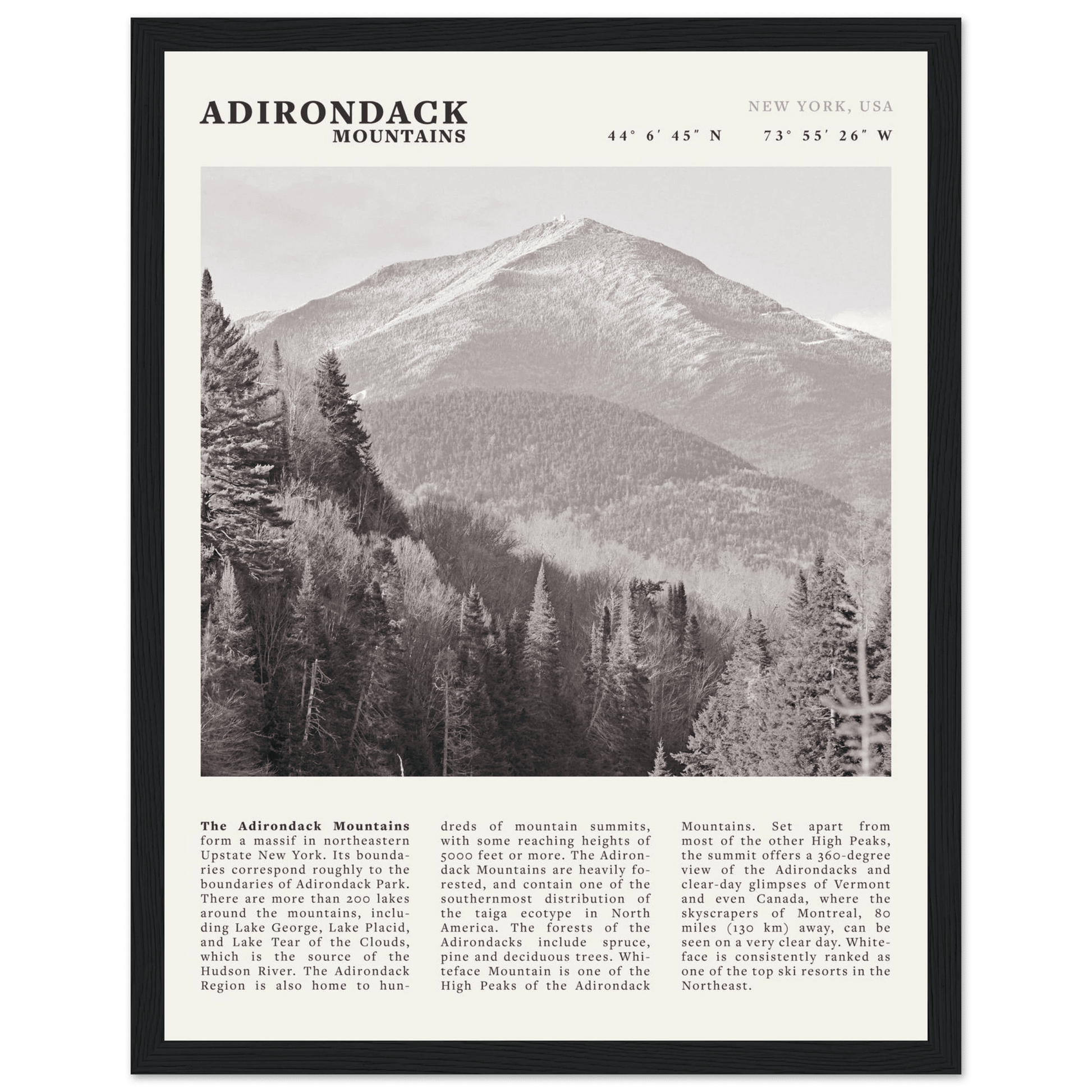 Adirondack Mountains Poster | Black & White New York Nature Wall Art | Hiking Print - Evergreen Posters