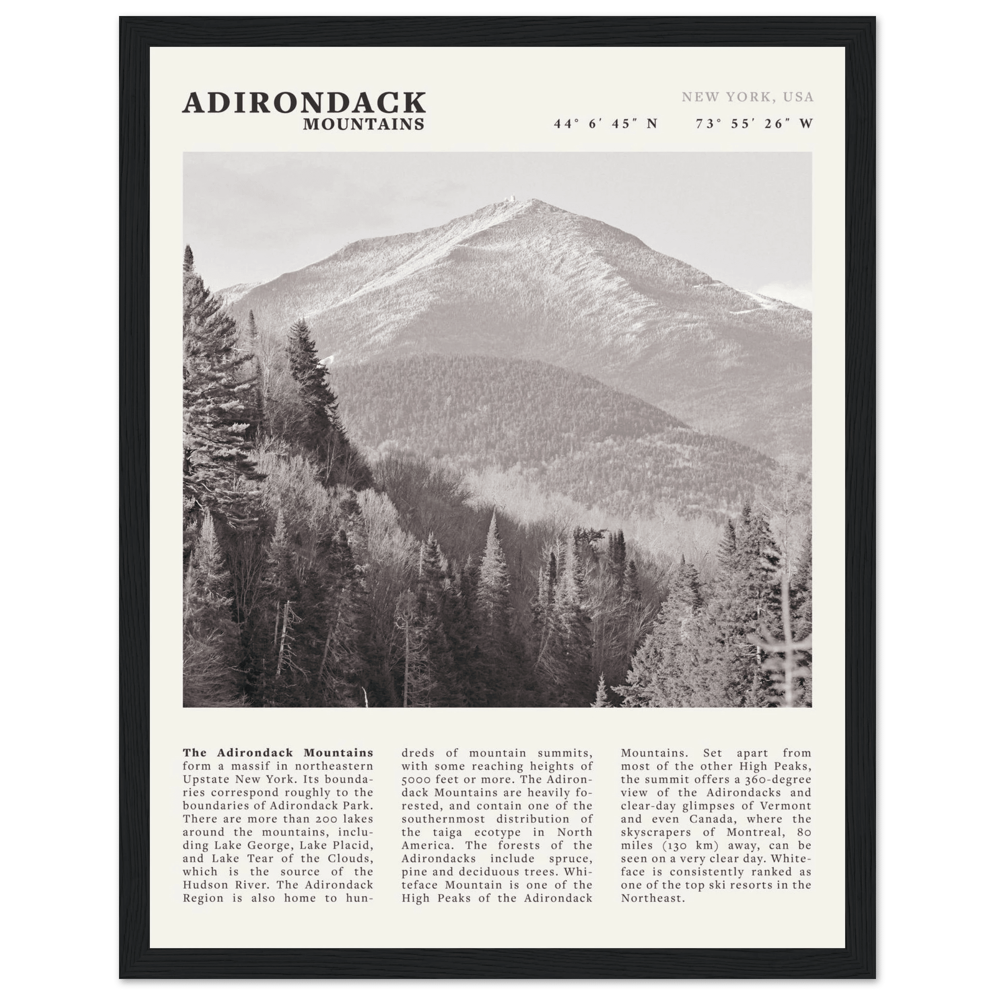 Adirondack Mountains Poster | Black & White New York Nature Wall Art | Hiking Print - Evergreen Posters