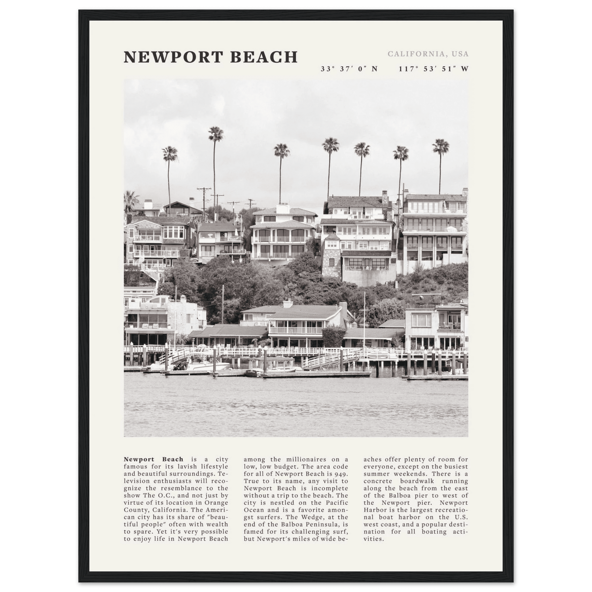 Newport Beach Poster | Black & White California Harbor Wall Art | Coastal Print - Evergreen Posters