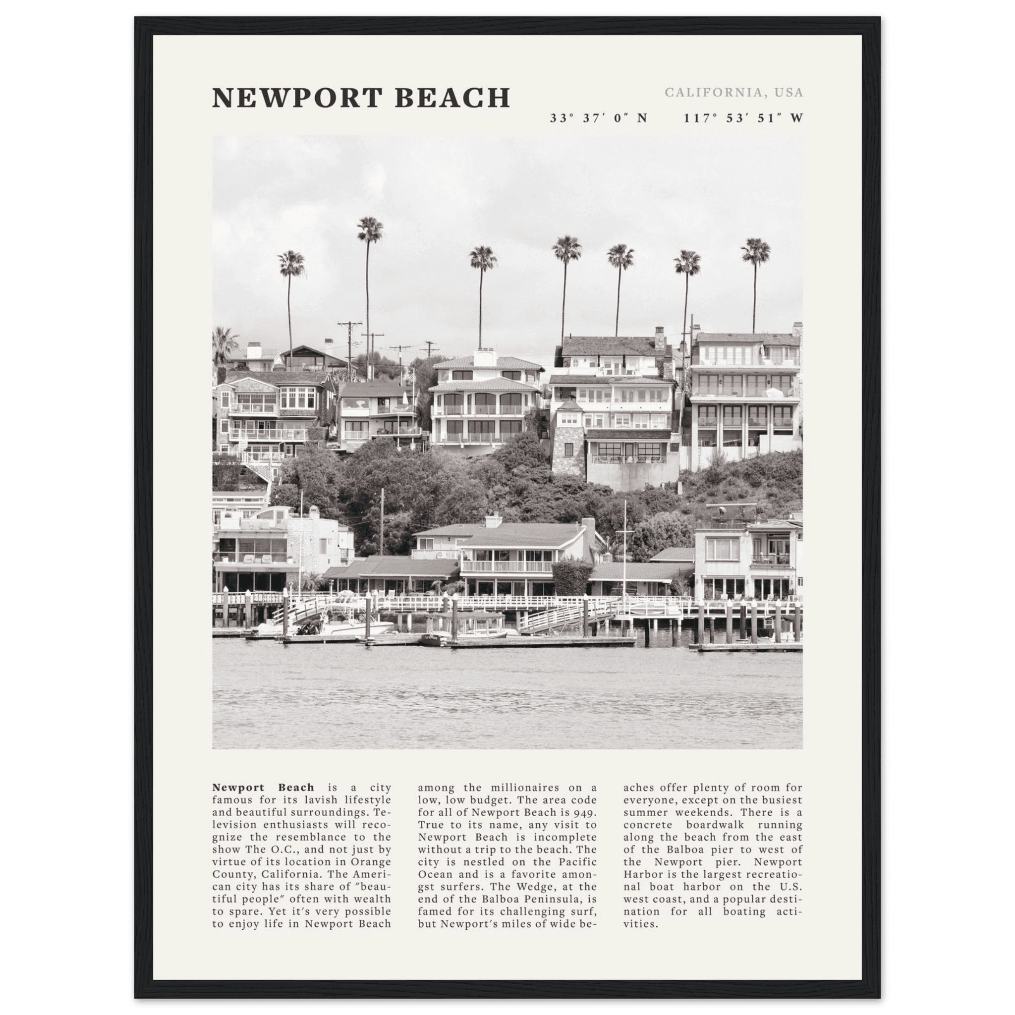 Newport Beach Poster | Black & White California Harbor Wall Art | Coastal Print - Evergreen Posters