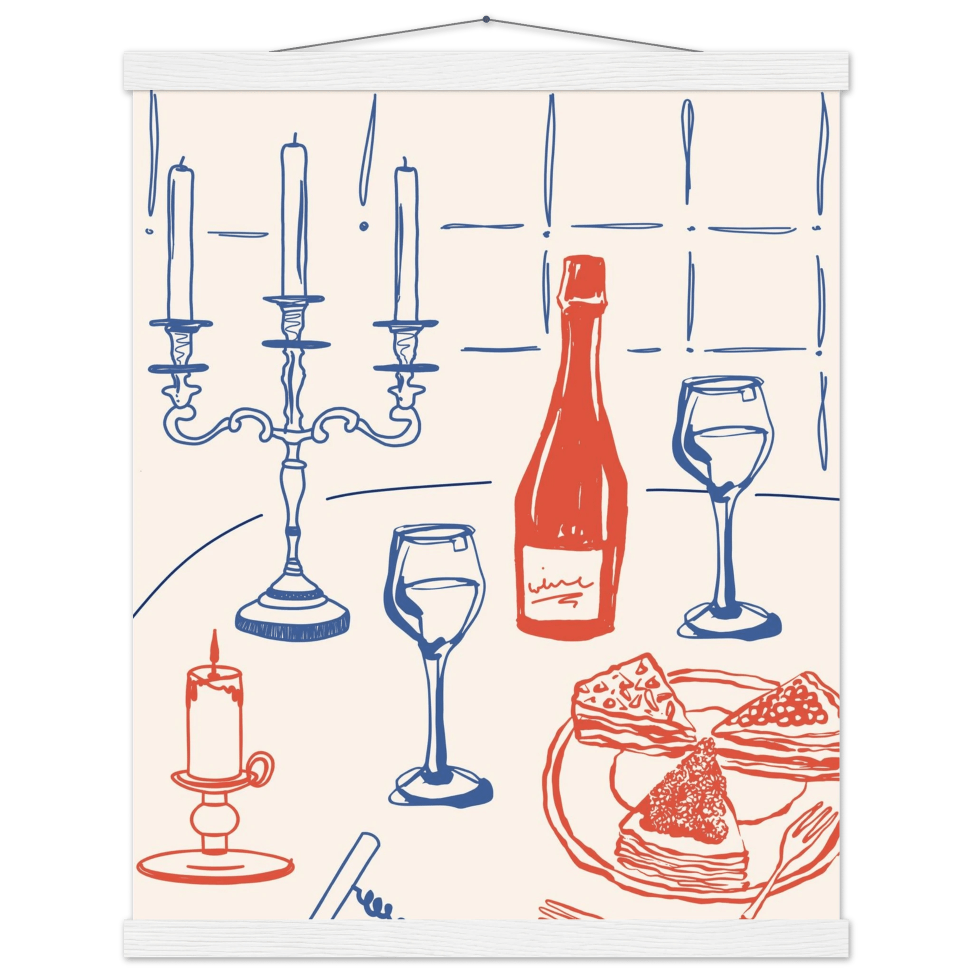 Candlelight Dinner Print | Wine & Candelabra Line Art Wall Art | Kitchen Poster - Evergreen Posters