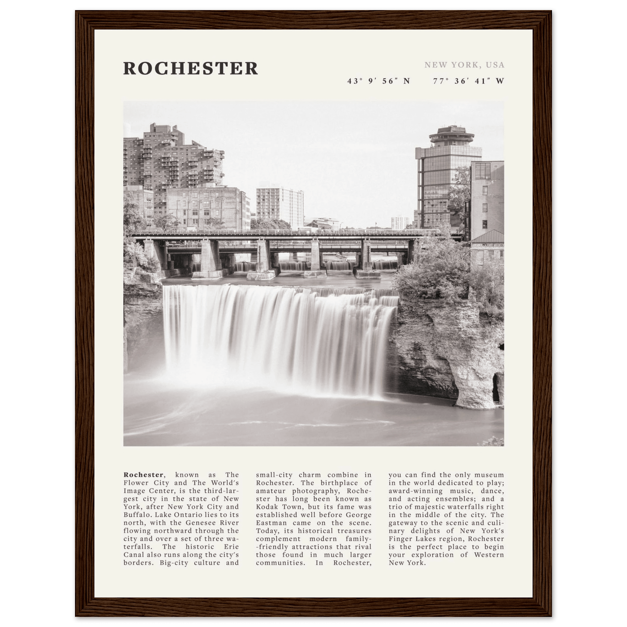 Rochester Poster | Black & White High Falls Wall Art | New York Travel Print - Evergreen Posters
