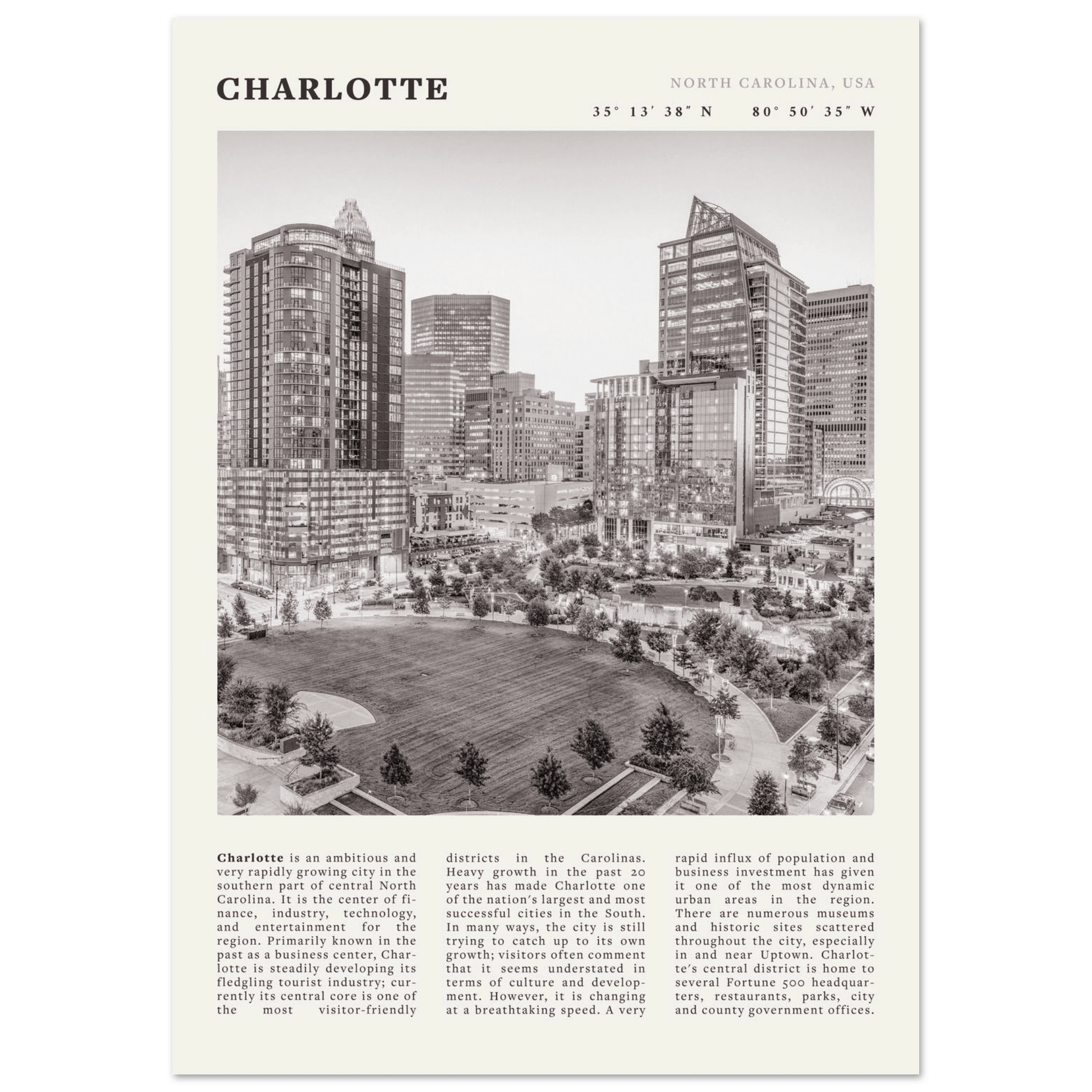 Charlotte Poster | Black & White North Carolina Skyline Wall Art | NC Travel Print - Evergreen Posters