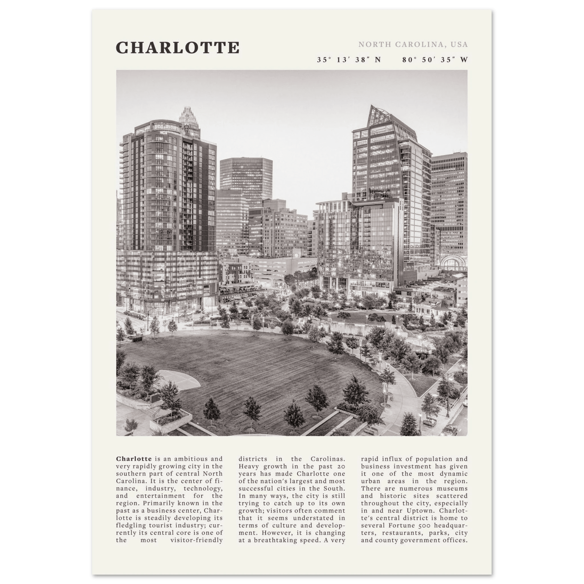 Charlotte Poster | Black & White North Carolina Skyline Wall Art | NC Travel Print - Evergreen Posters