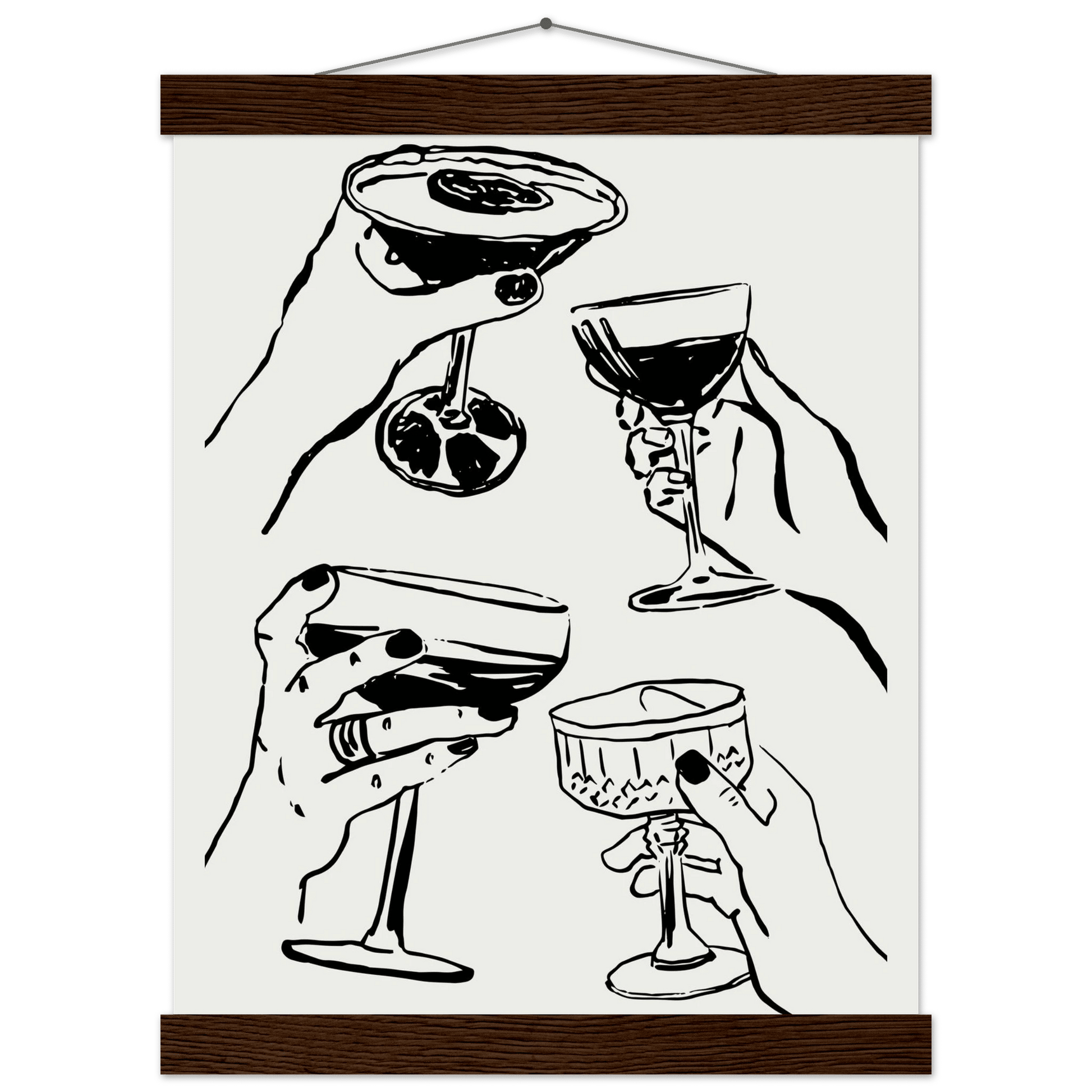 Cheers Print | Black Line Art Cocktail Glasses Wall Art | Kitchen Bar Poster - Evergreen Posters