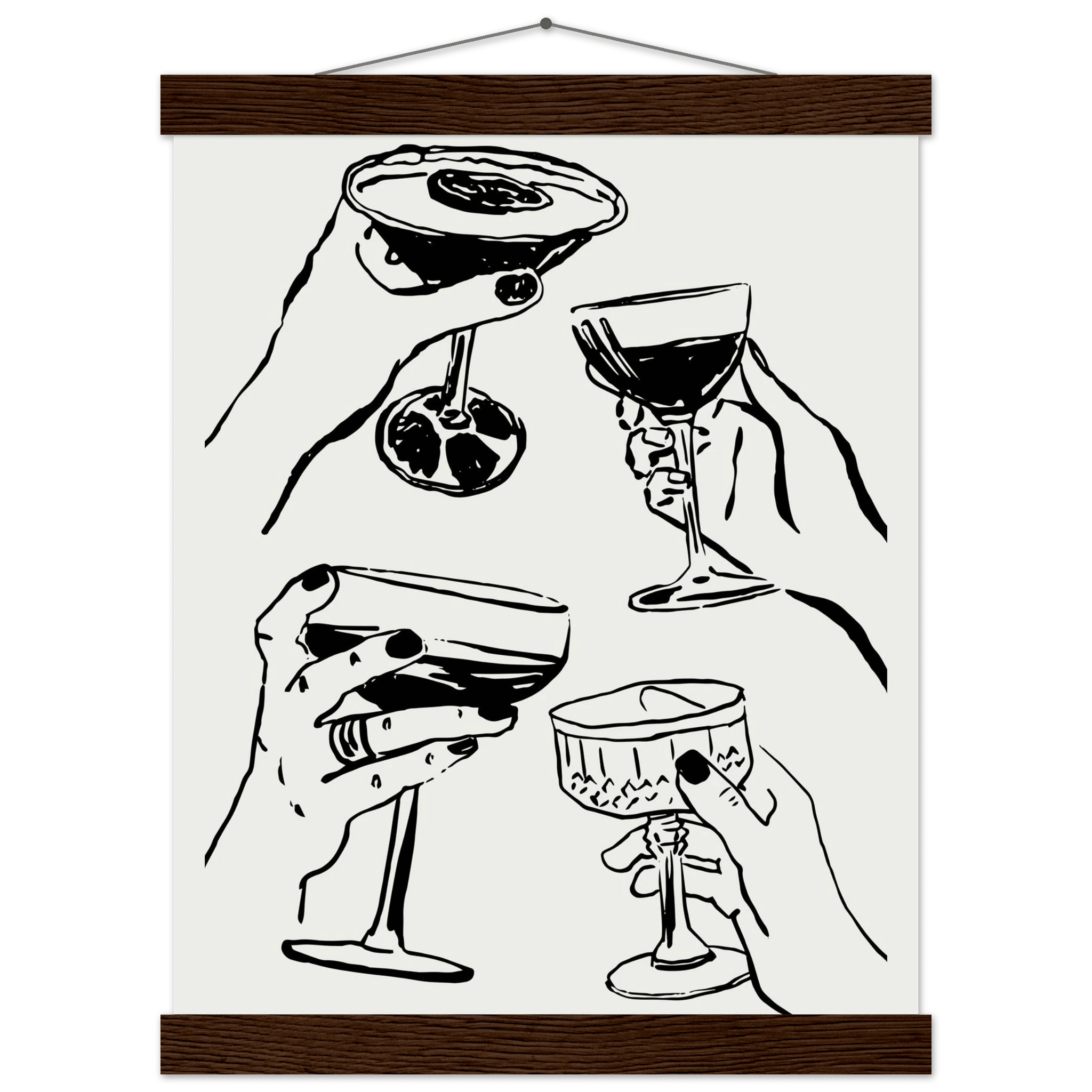 Cheers Print | Black Line Art Cocktail Glasses Wall Art | Kitchen Bar Poster - Evergreen Posters