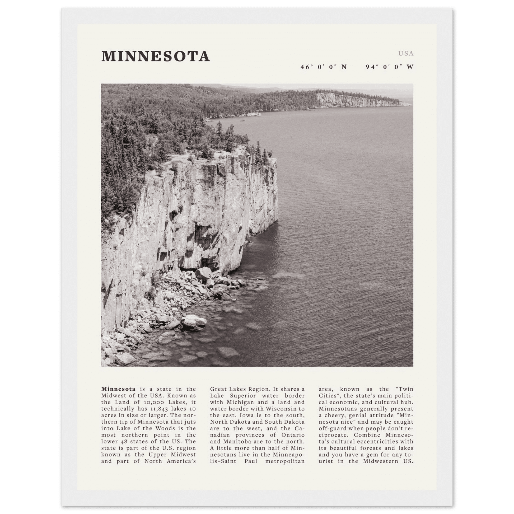Minnesota Poster | Black & White Lake Superior Wall Art | USA Nature Travel Print - Evergreen Posters