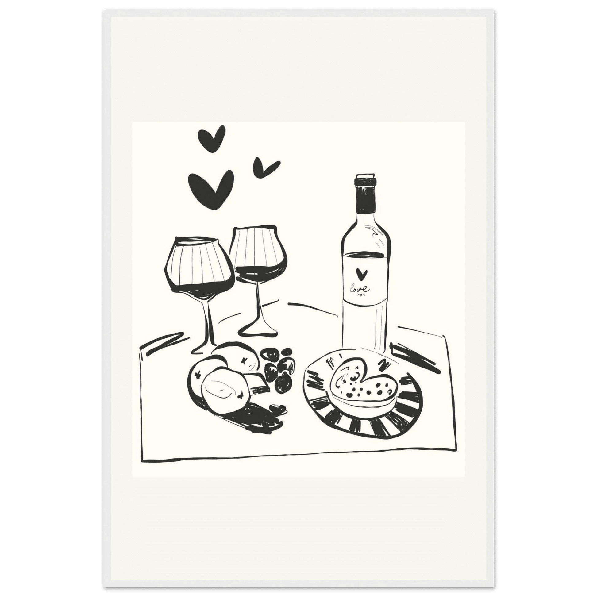Wine for Two Print | Black Line Art Romantic Kitchen Wall Art | Couples Poster - Evergreen Posters