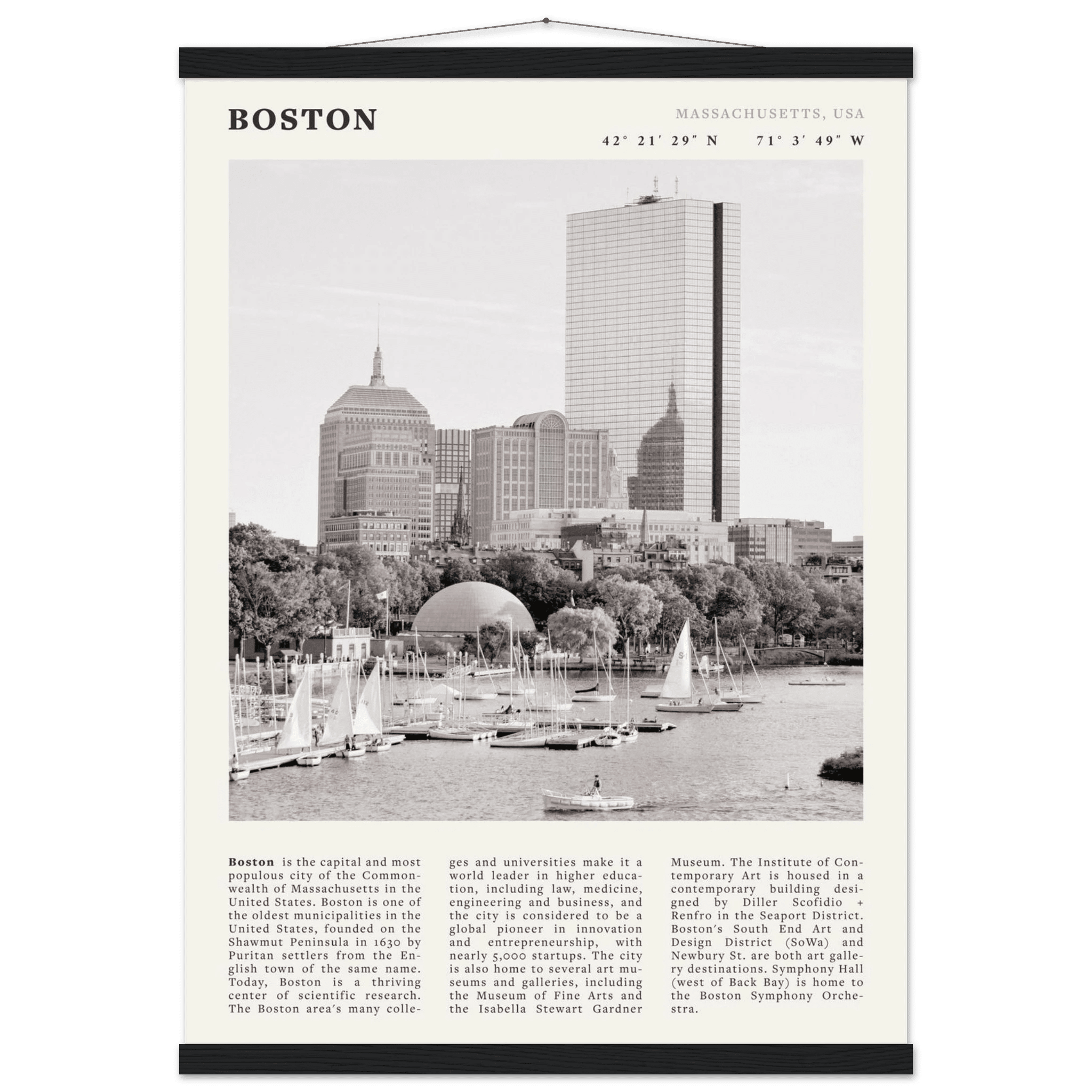 Boston Poster | Black & White Charles River Skyline Wall Art | Massachusetts Print - Evergreen Posters