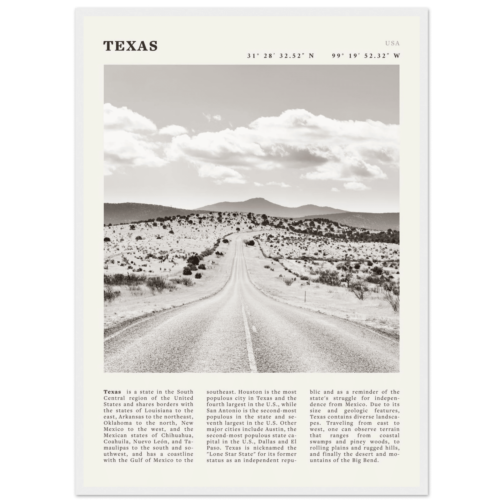 Texas Poster | Black & White Lone Star Road Wall Art | USA Travel Print Decor - Evergreen Posters