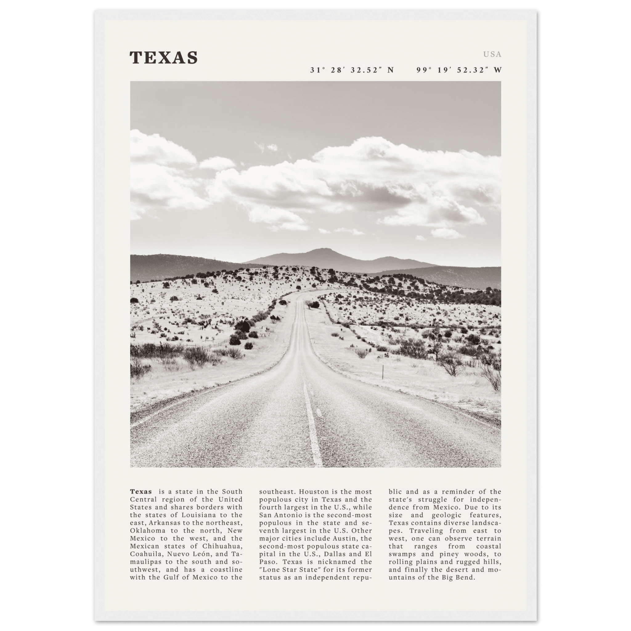 Texas Poster | Black & White Lone Star Road Wall Art | USA Travel Print Decor - Evergreen Posters