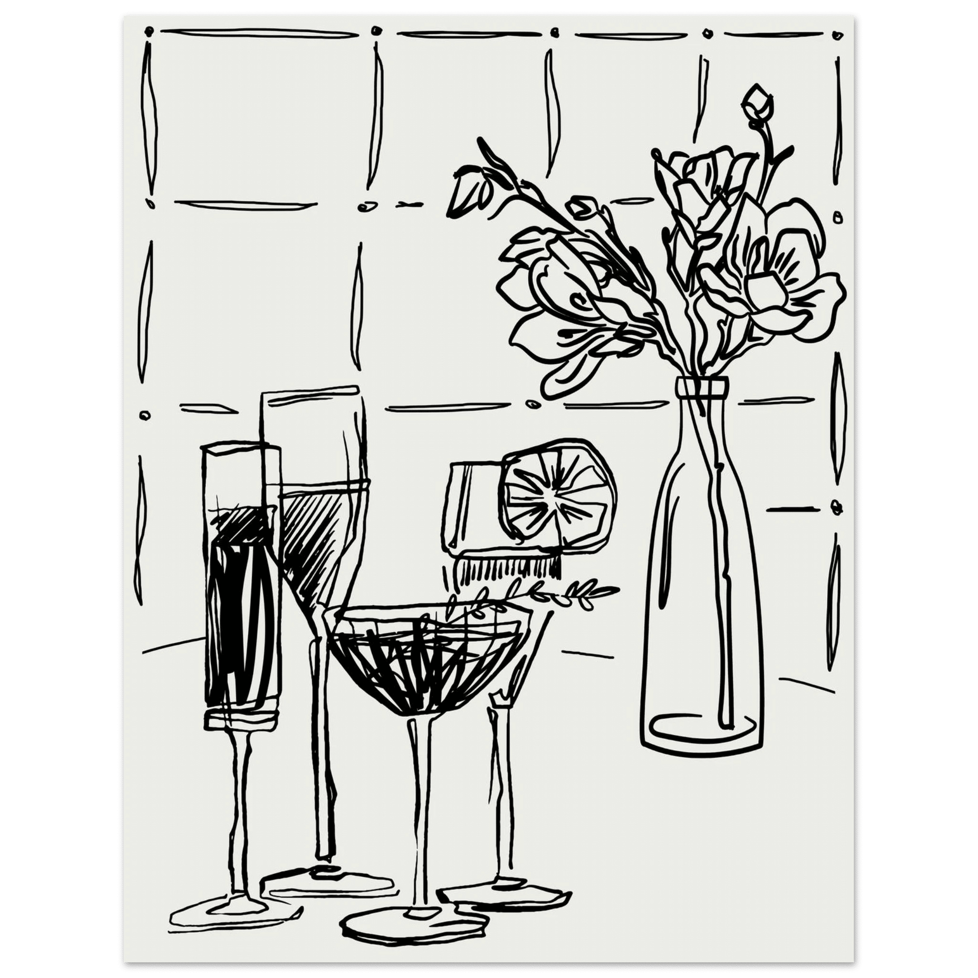Cocktails & Flowers Print | Black Line Art Drinks Wall Art | Kitchen Bar Poster - Evergreen Posters