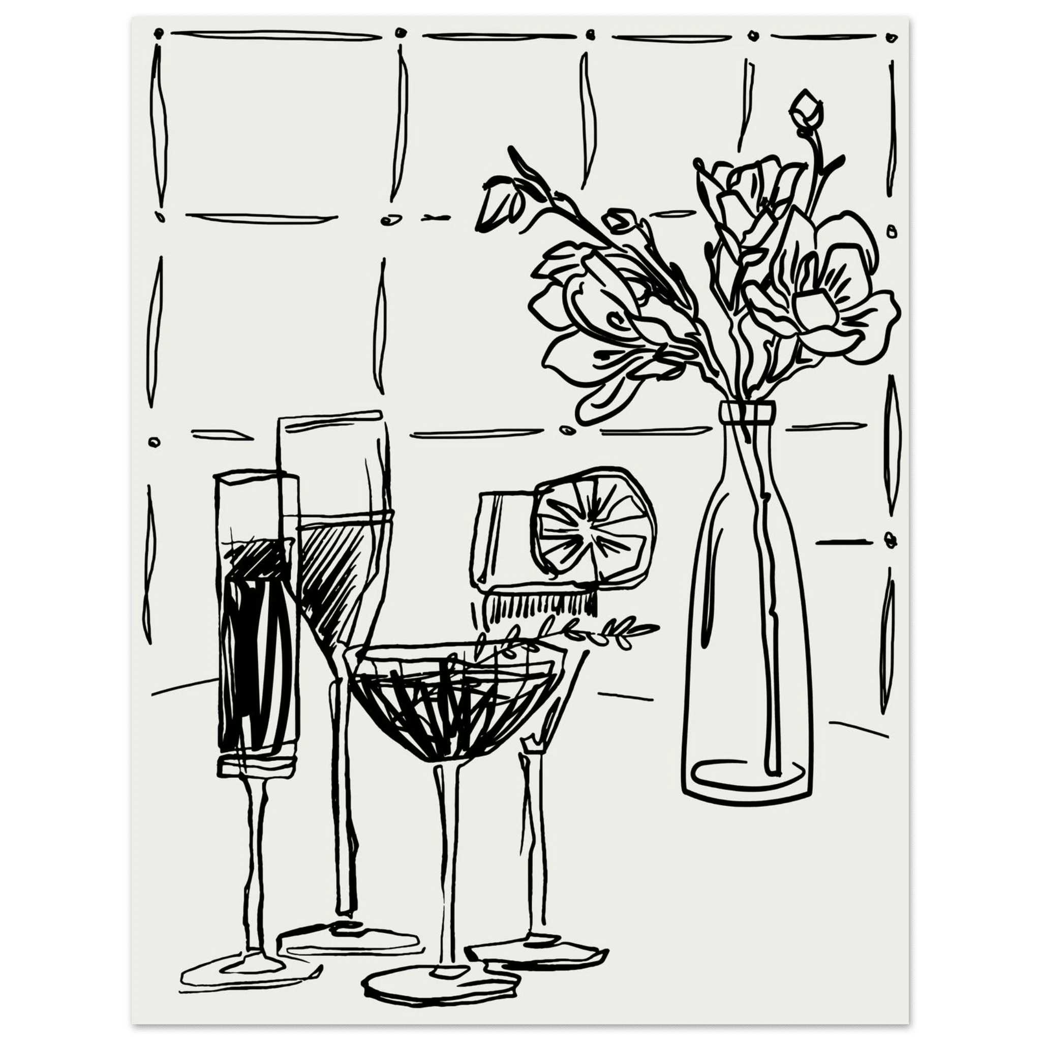 Cocktails & Flowers Print | Black Line Art Drinks Wall Art | Kitchen Bar Poster - Evergreen Posters
