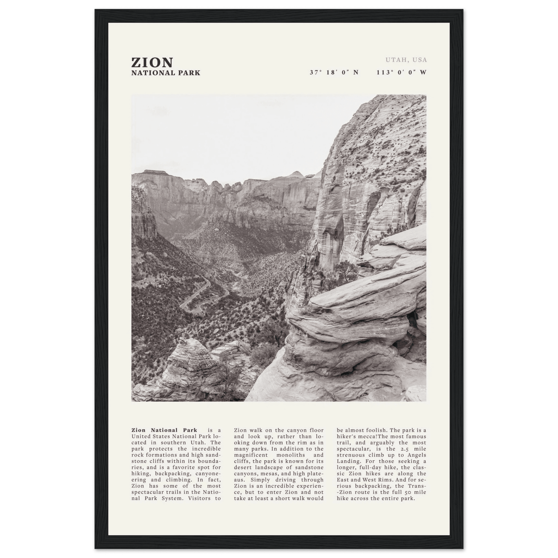 Zion National Park Poster | Black & White Utah Canyon Wall Art | USA Travel Print - Evergreen Posters