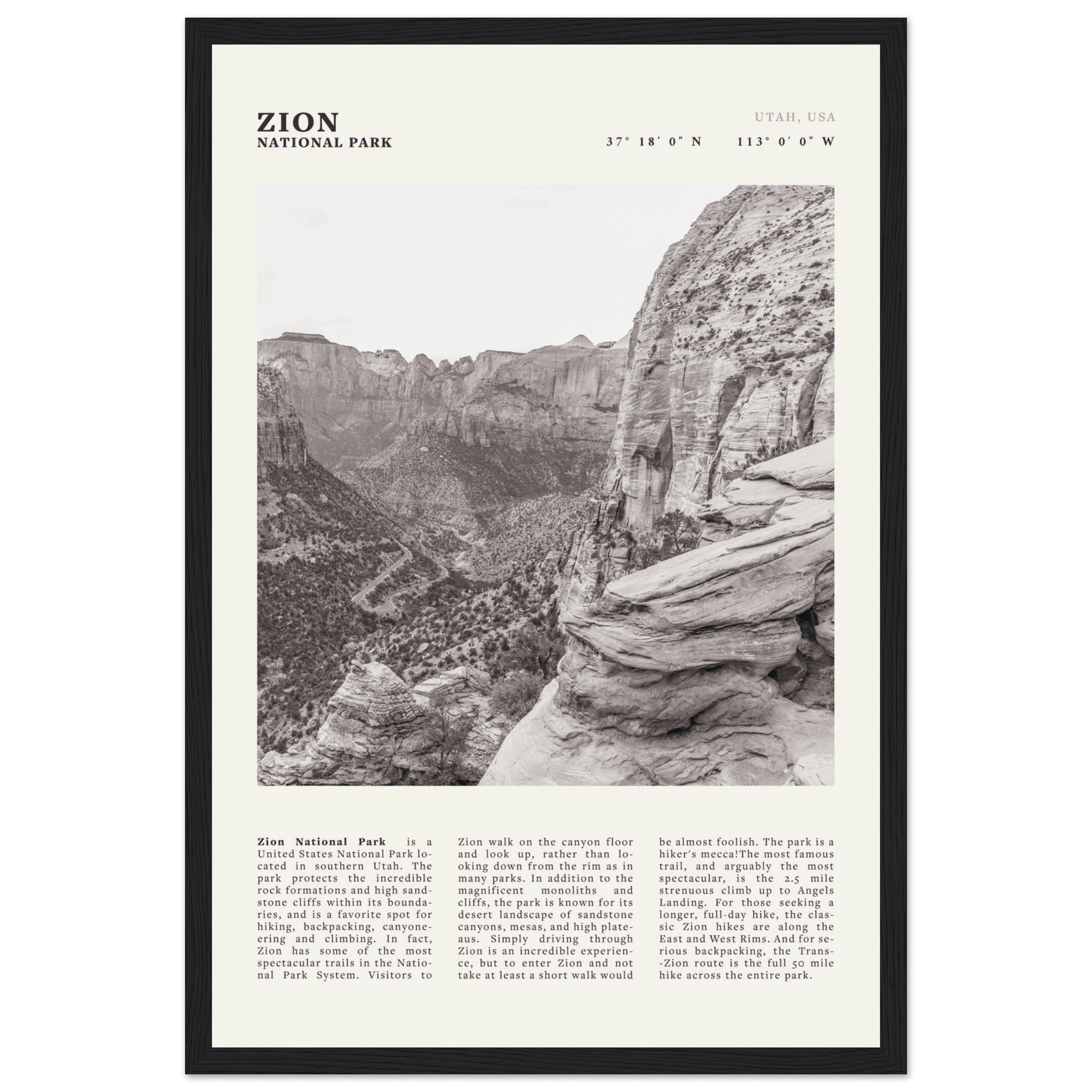 Zion National Park Poster | Black & White Utah Canyon Wall Art | USA Travel Print - Evergreen Posters