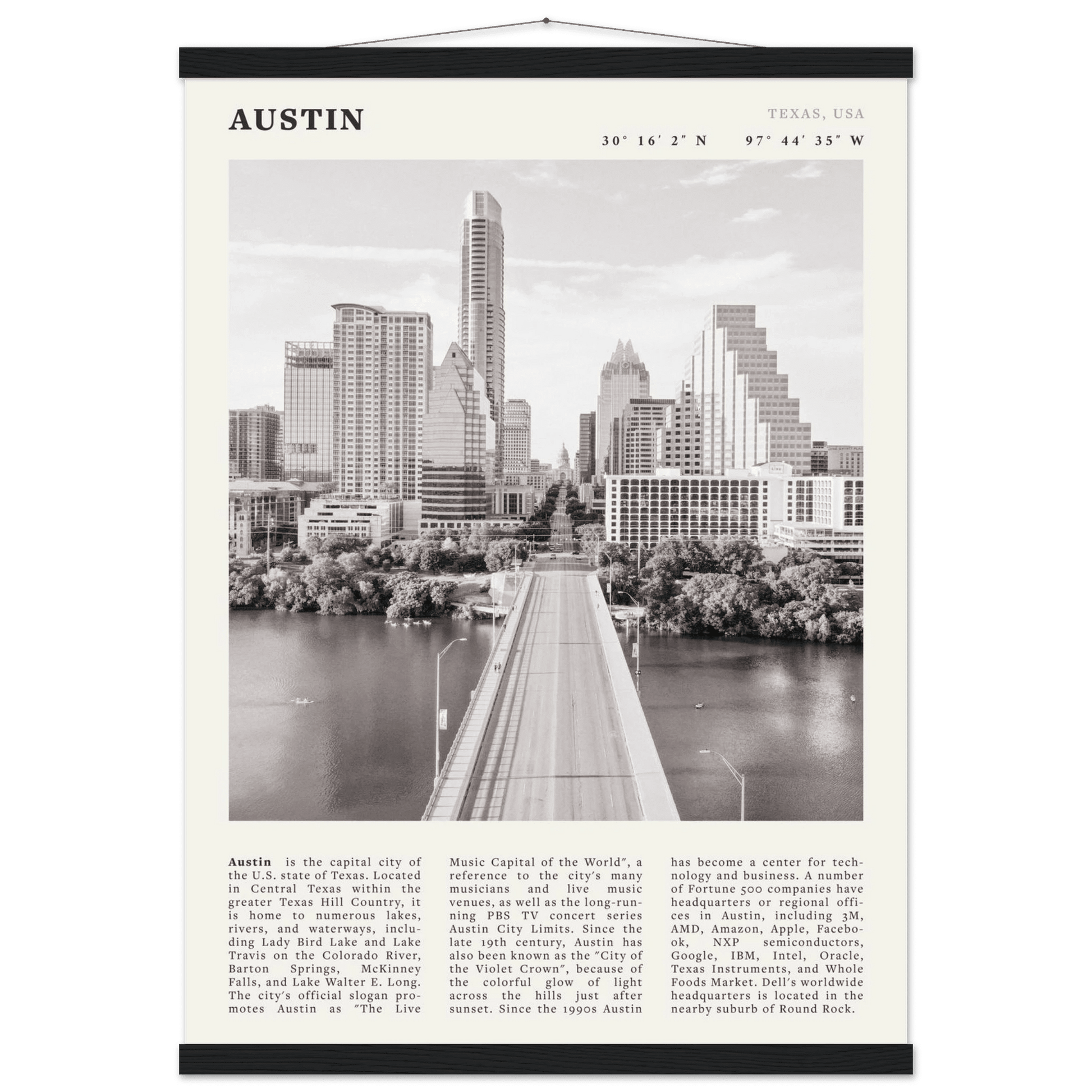 Austin Poster | Black & White Texas Skyline Wall Art | City Travel Print Decor - Evergreen Posters