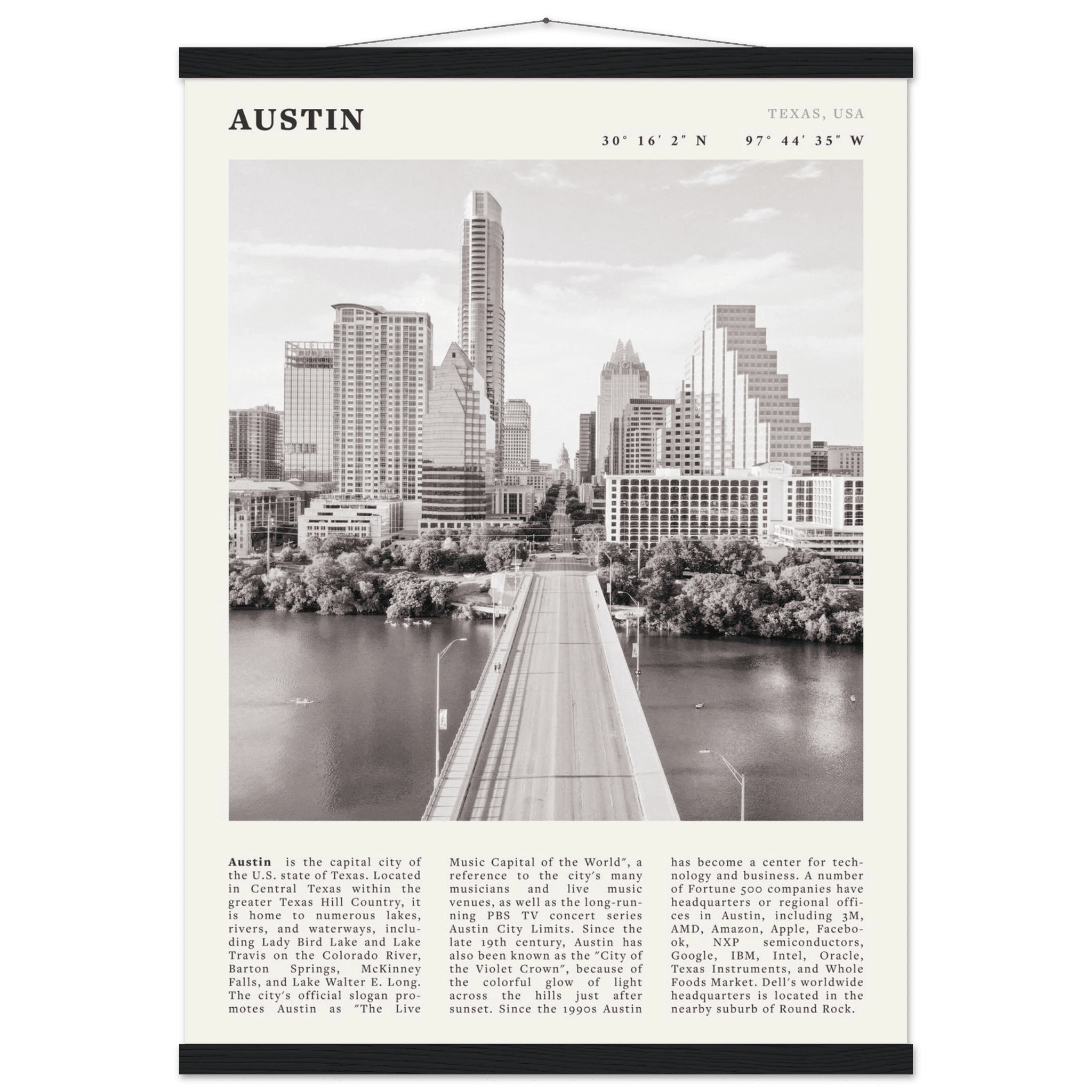 Austin Poster | Black & White Texas Skyline Wall Art | City Travel Print Decor - Evergreen Posters