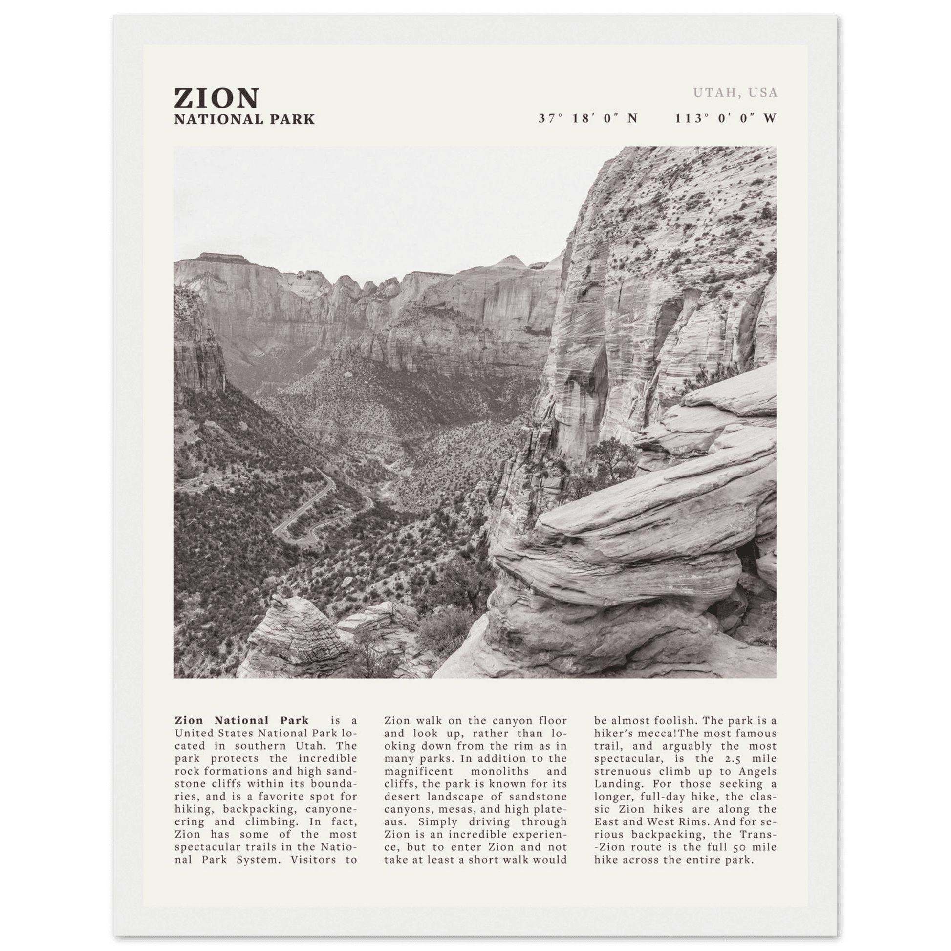 Zion National Park Poster | Black & White Utah Canyon Wall Art | USA Travel Print - Evergreen Posters