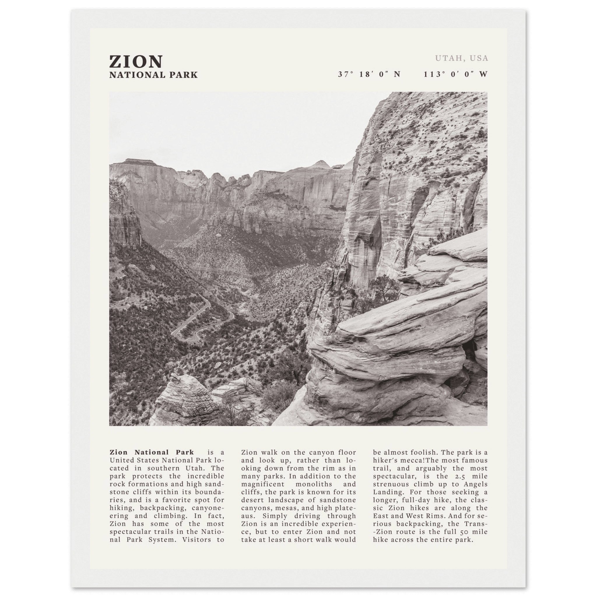 Zion National Park Poster | Black & White Utah Canyon Wall Art | USA Travel Print - Evergreen Posters