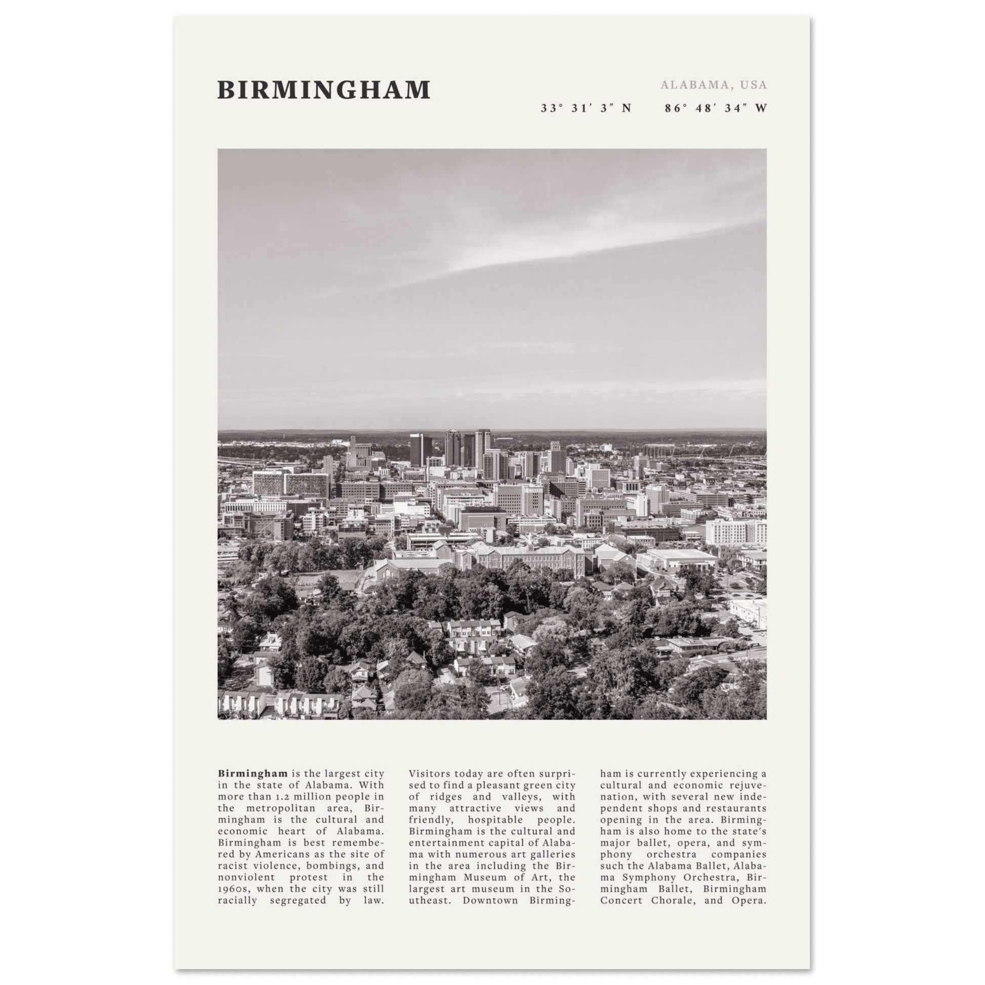 Birmingham Poster | Black & White Alabama Skyline Wall Art | AL Travel Print - Evergreen Posters