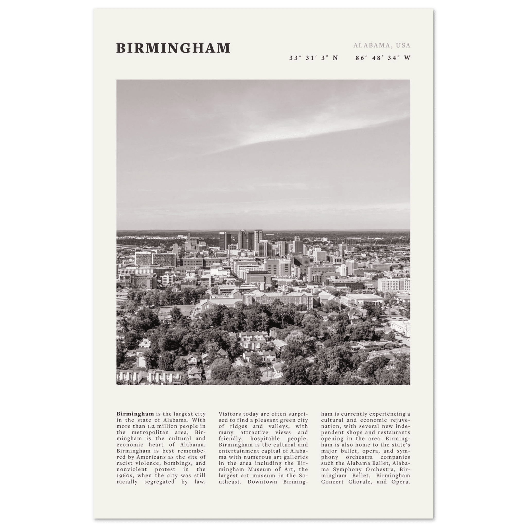 Birmingham Poster | Black & White Alabama Skyline Wall Art | AL Travel Print - Evergreen Posters