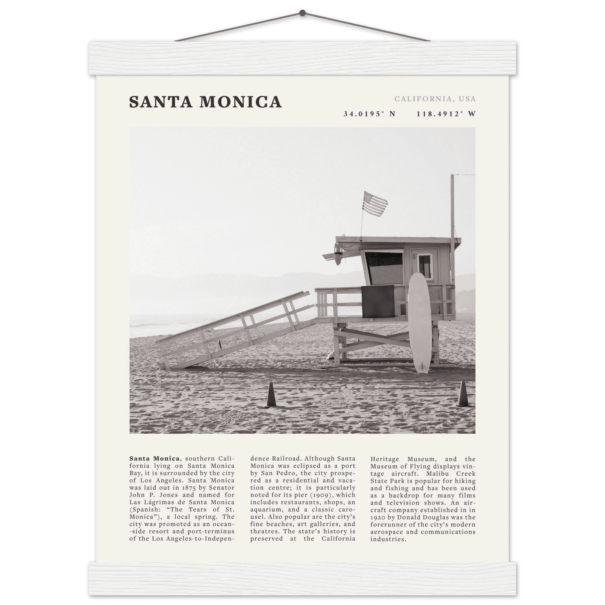 Santa Monica Poster | Black & White California Wall Art | Beach Travel Print | Coastal Decor - Evergreen Posters