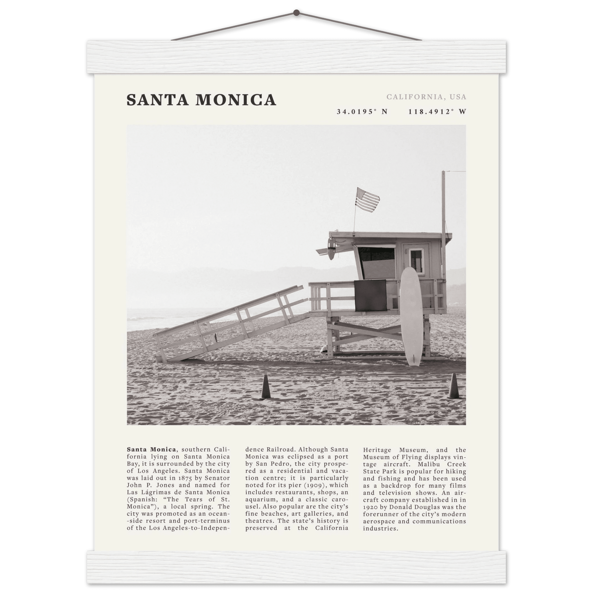 Santa Monica Poster | Black & White California Wall Art | Beach Travel Print | Coastal Decor - Evergreen Posters