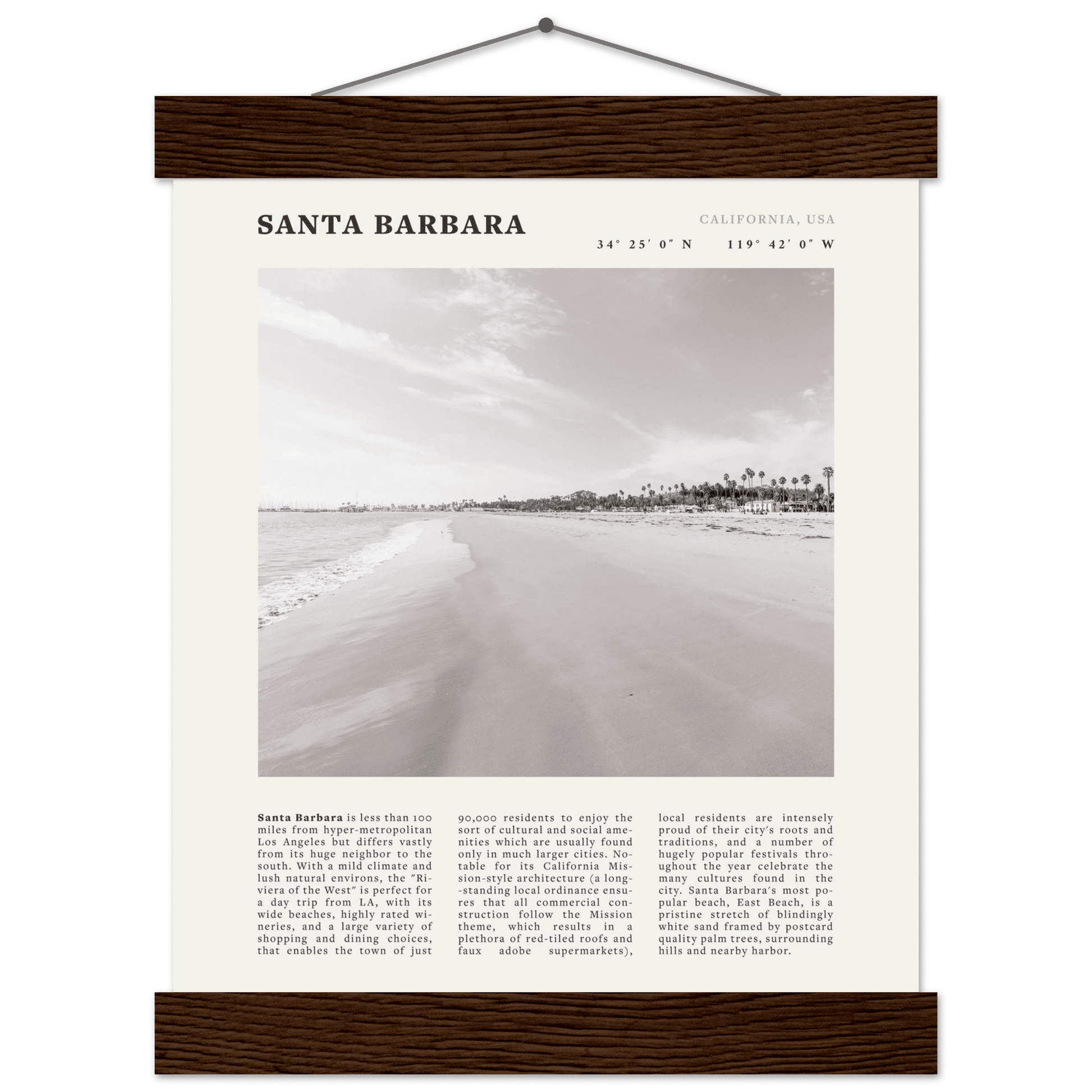 Santa Barbara Poster | Black & White California Beach Wall Art | CA Travel Print - Evergreen Posters