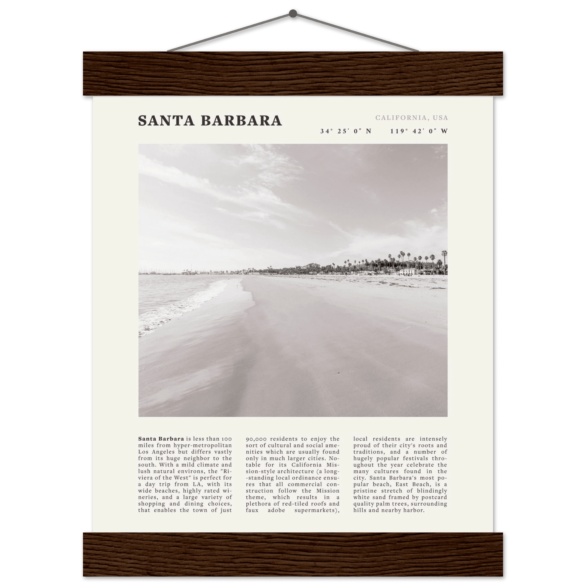 Santa Barbara Poster | Black & White California Beach Wall Art | CA Travel Print - Evergreen Posters