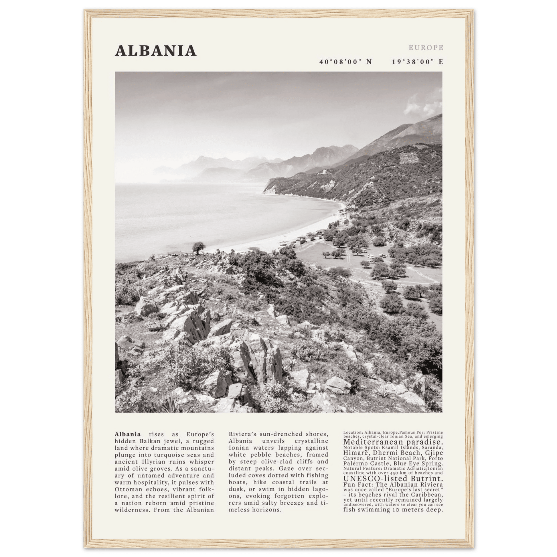 Albania Poster Black and White – Vintage Albanian Riviera Travel Print (Digital & Printed Options) - Evergreen Posters