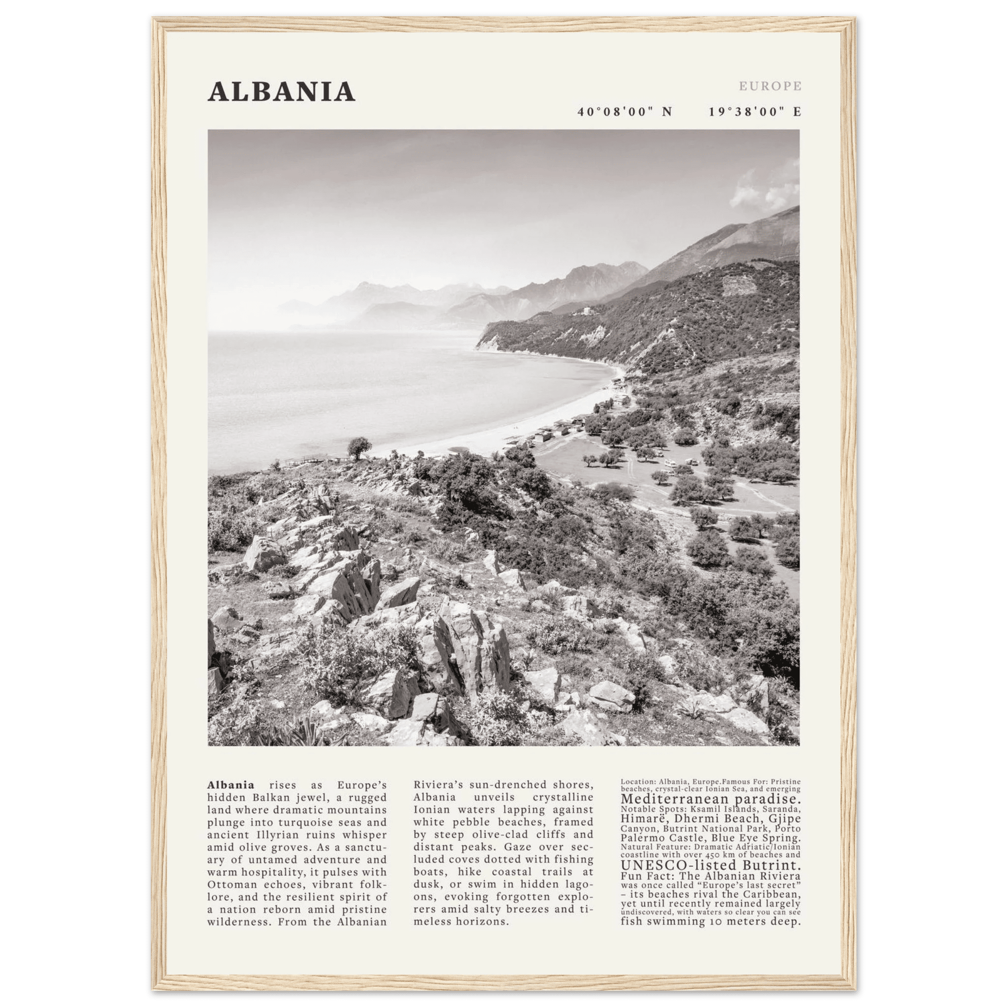 Albania Poster Black and White – Vintage Albanian Riviera Travel Print (Digital & Printed Options) - Evergreen Posters