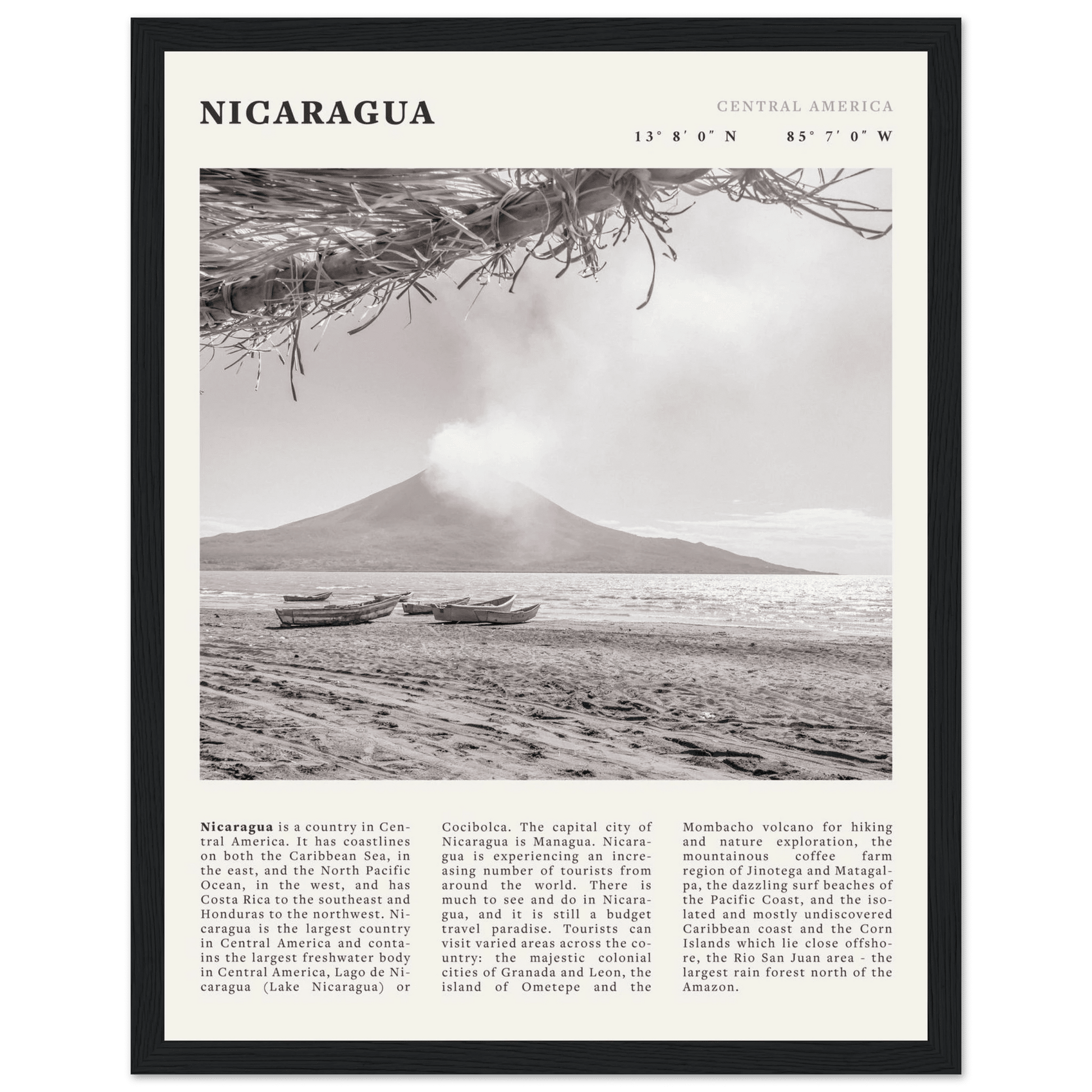 Nicaragua Poster | Black & White Volcano Wall Art | Central America Travel Print - Evergreen Posters