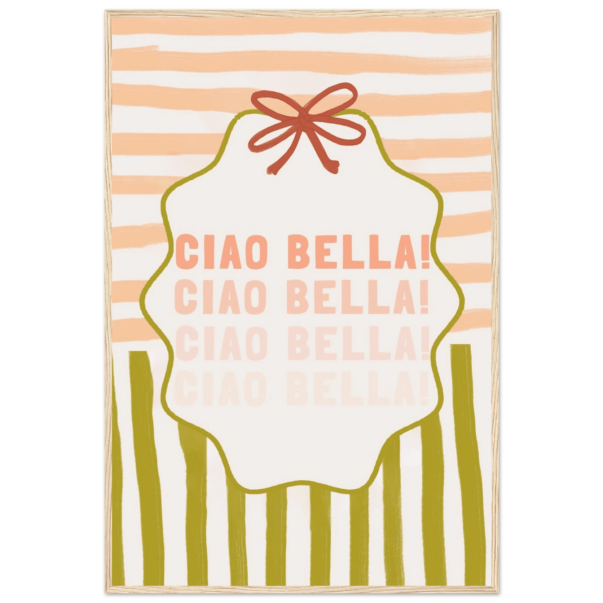 Ciao Bella Poster | Italian Typography Wall Art | Retro Stripe Bow Print | Cute Room Decor - Evergreen Posters
