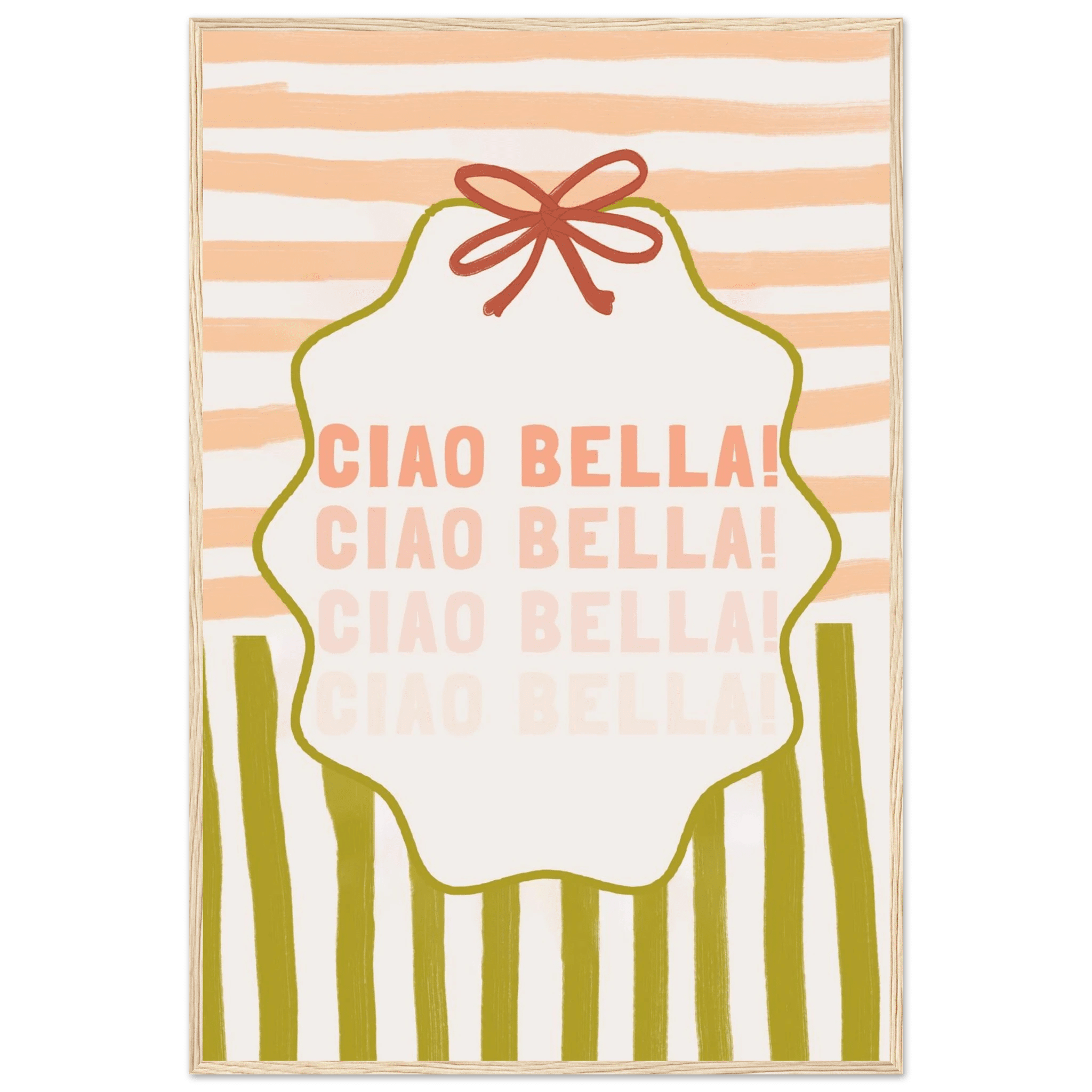 Ciao Bella Poster | Italian Typography Wall Art | Retro Stripe Bow Print | Cute Room Decor - Evergreen Posters