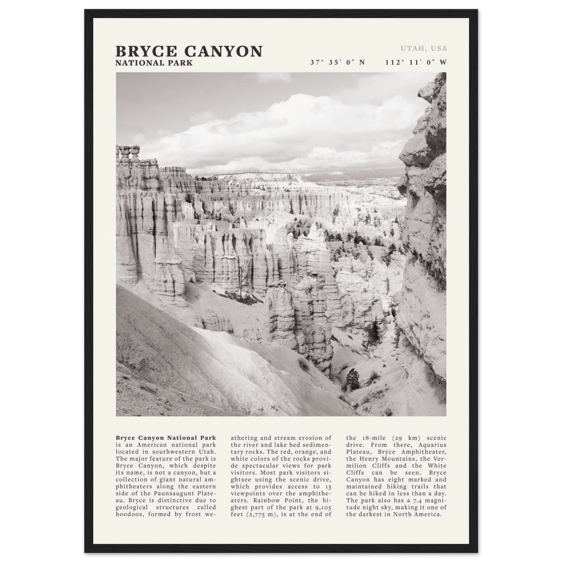 Bryce Canyon National Park Poster | Black & White Utah Hoodoos Wall Art Print - Evergreen Posters - 16
