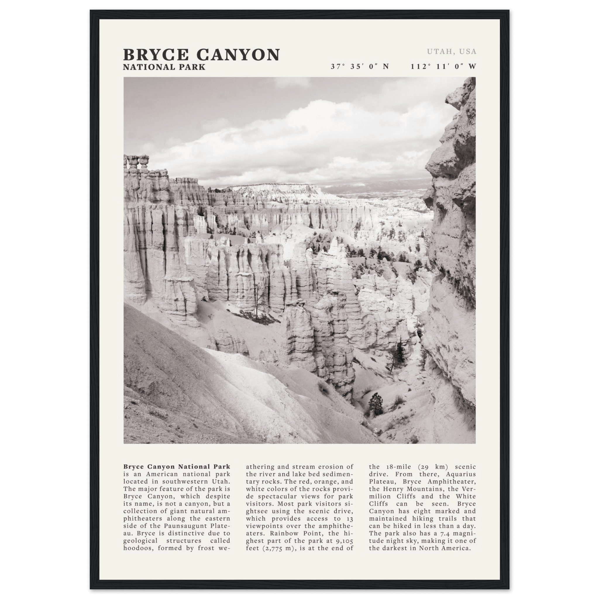Bryce Canyon National Park Poster | Black & White Utah Hoodoos Wall Art Print - Evergreen Posters - 16