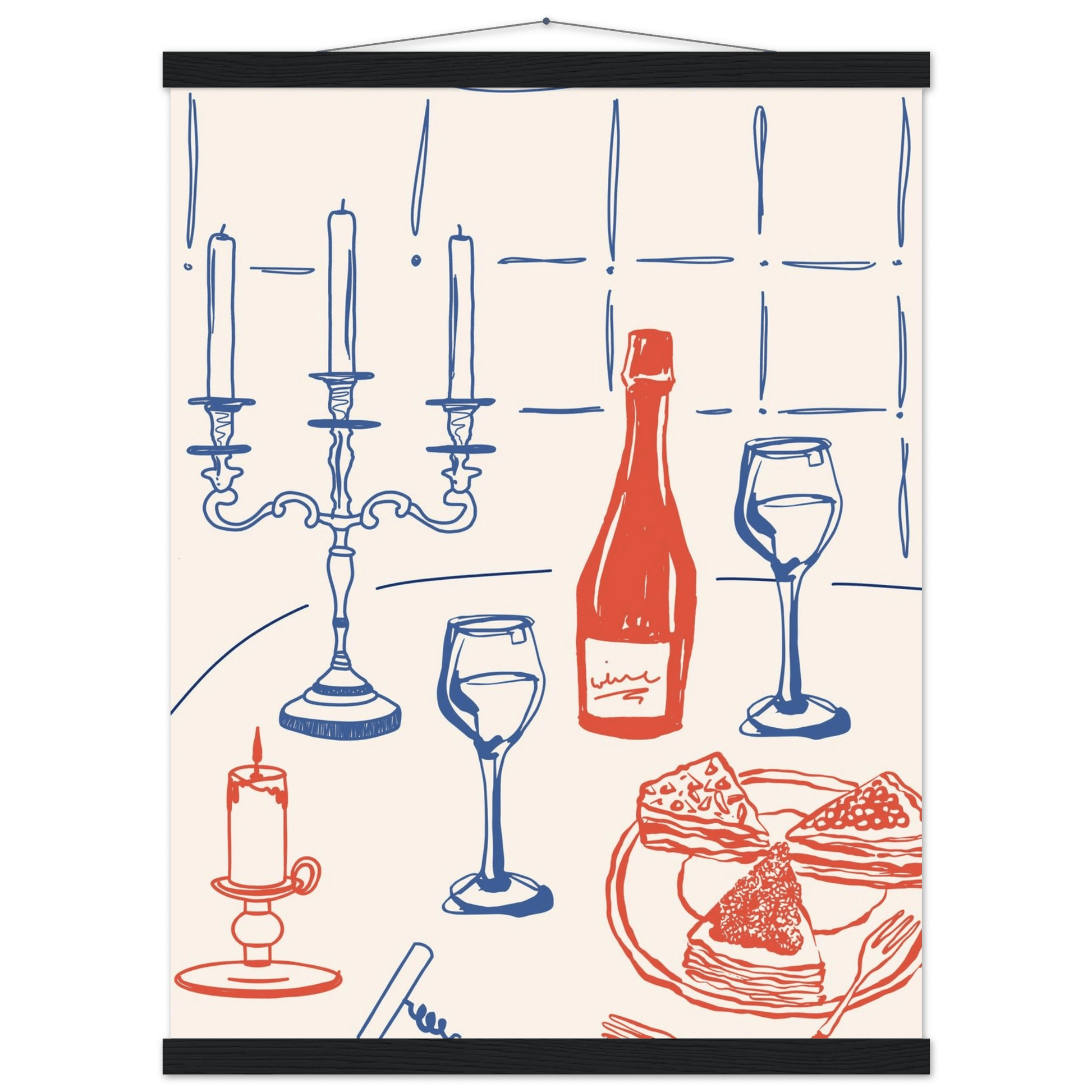 Candlelight Dinner Print | Wine & Candelabra Line Art Wall Art | Kitchen Poster - Evergreen Posters