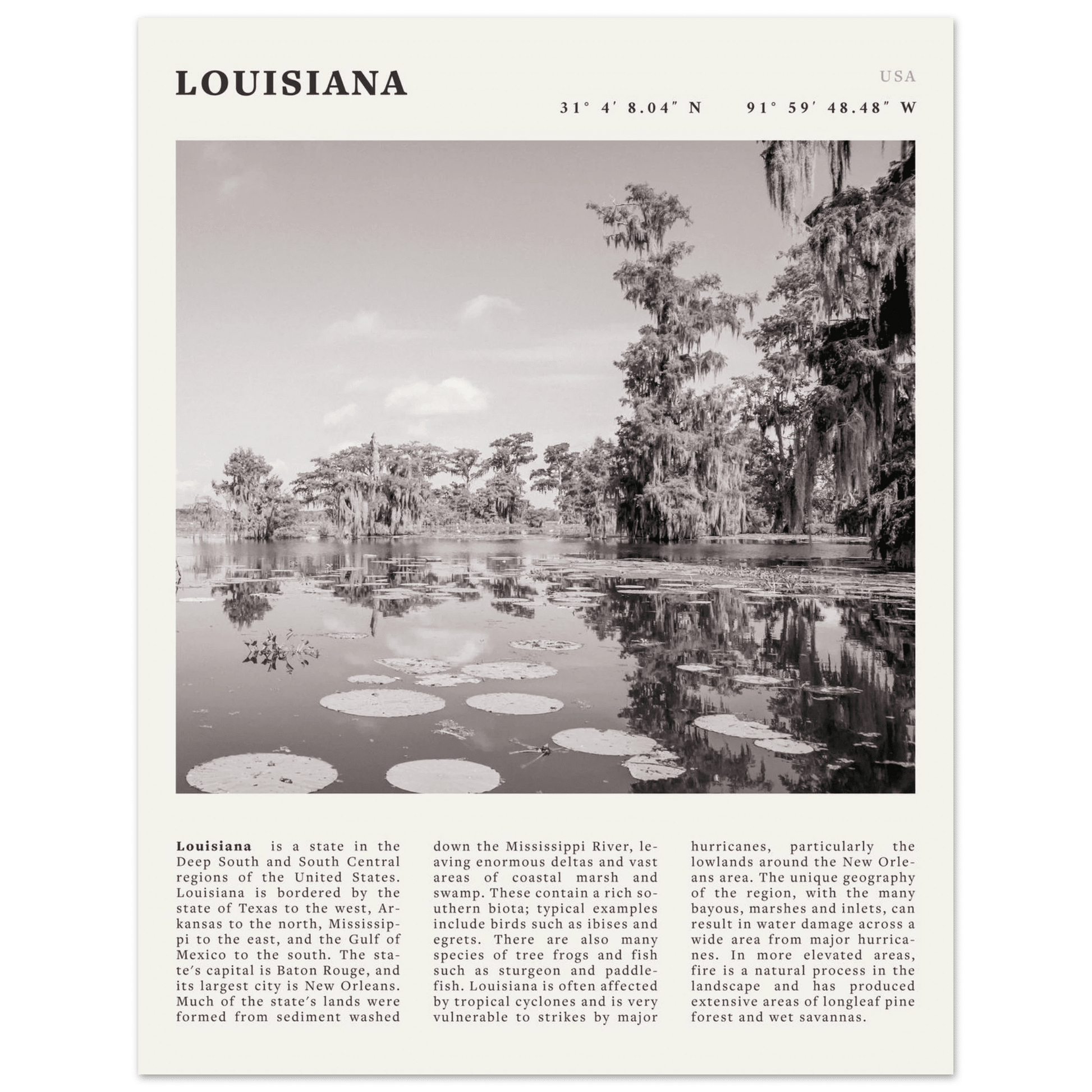 Louisiana Poster | Black & White Bayou Wall Art | Southern USA Travel Print Decor - Evergreen Posters