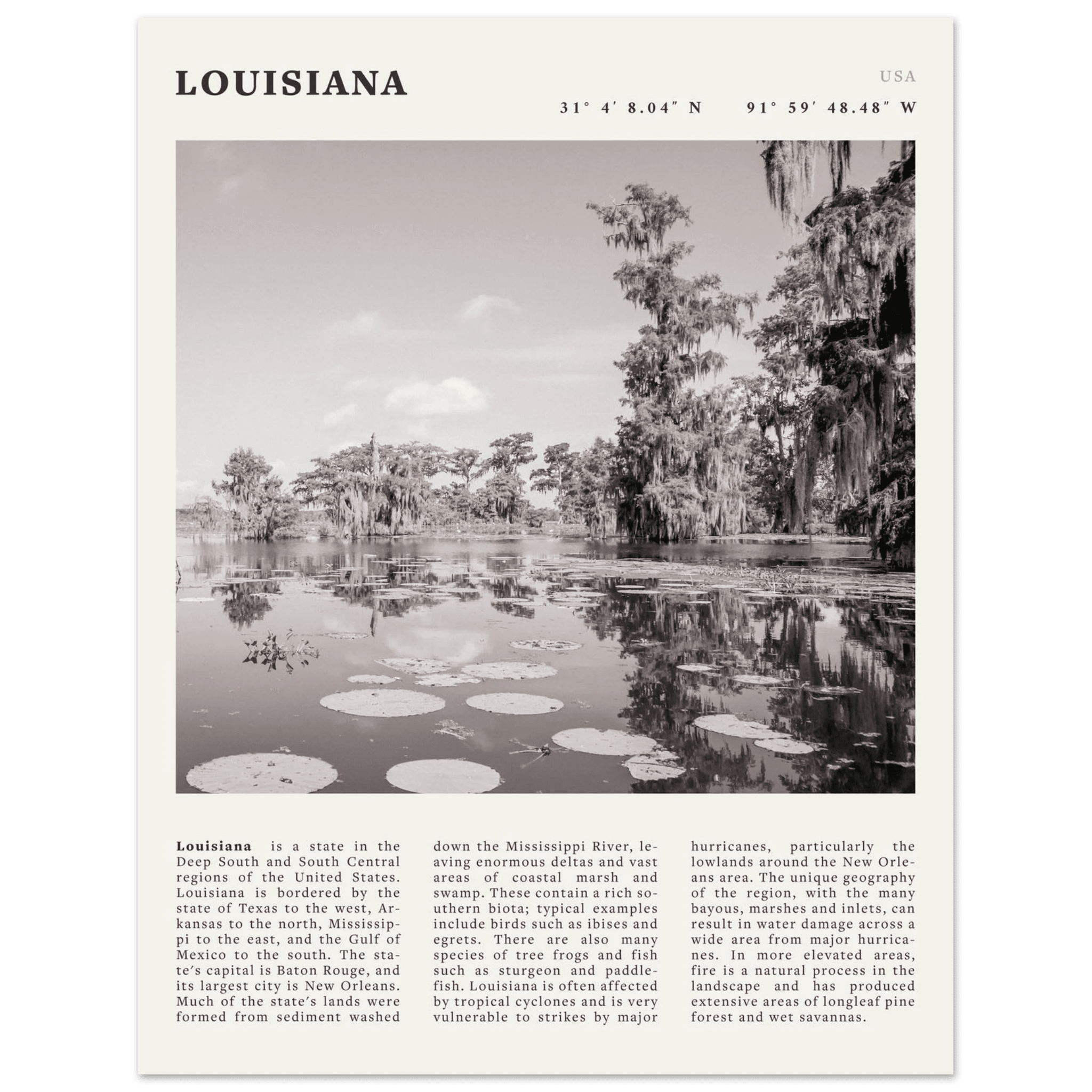 Louisiana Poster | Black & White Bayou Wall Art | Southern USA Travel Print Decor - Evergreen Posters