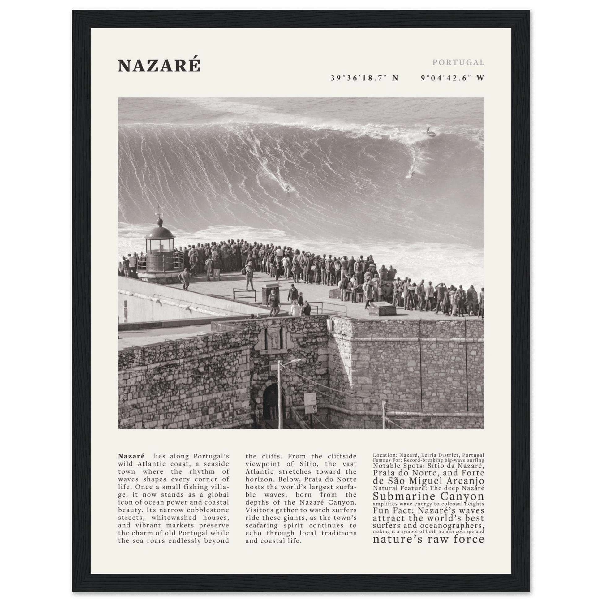 Nazaré Portugal Poster Black and White – Vintage Big Waves Surf Print (Digital & Printed Options) - Evergreen Posters