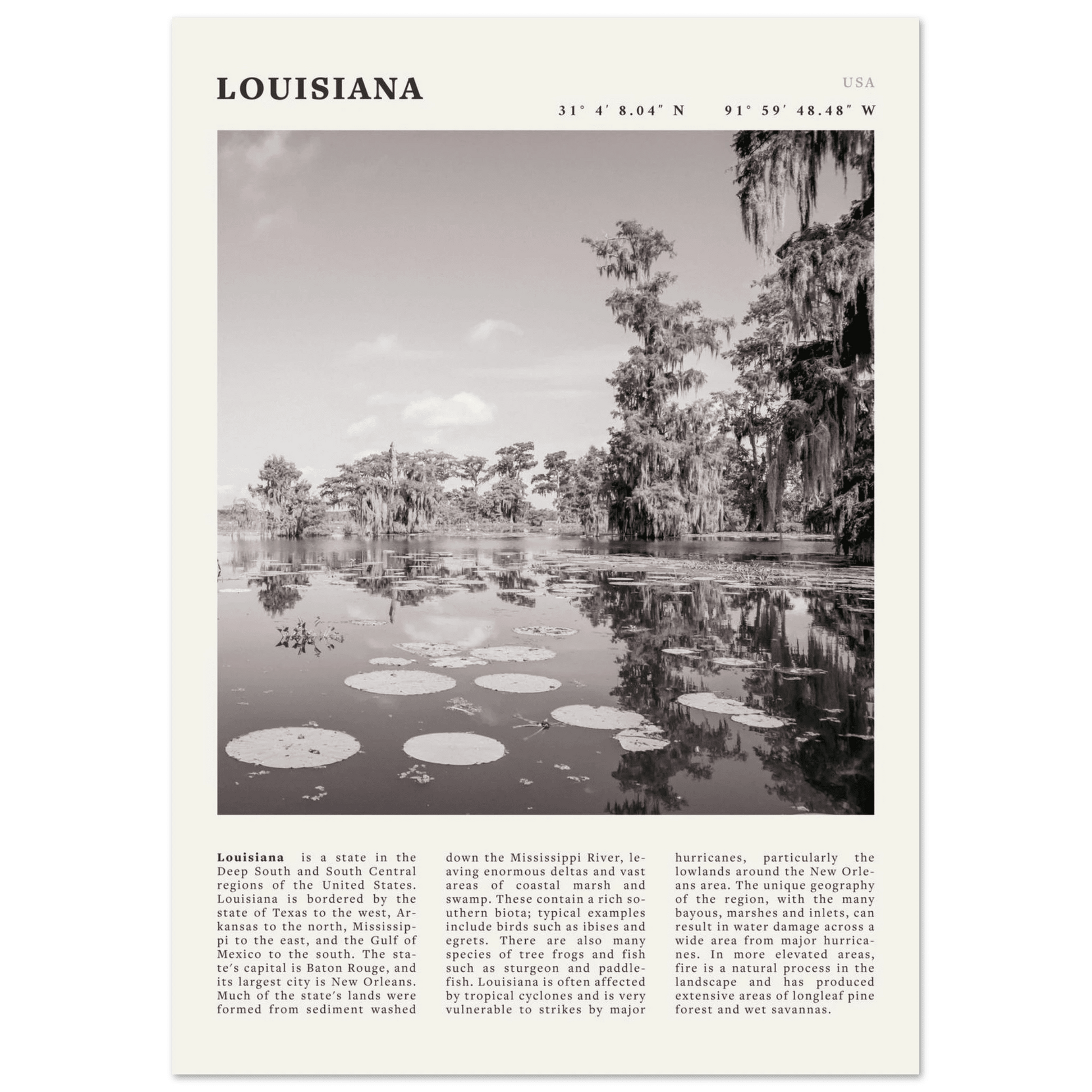 Louisiana Poster | Black & White Bayou Wall Art | Southern USA Travel Print Decor - Evergreen Posters