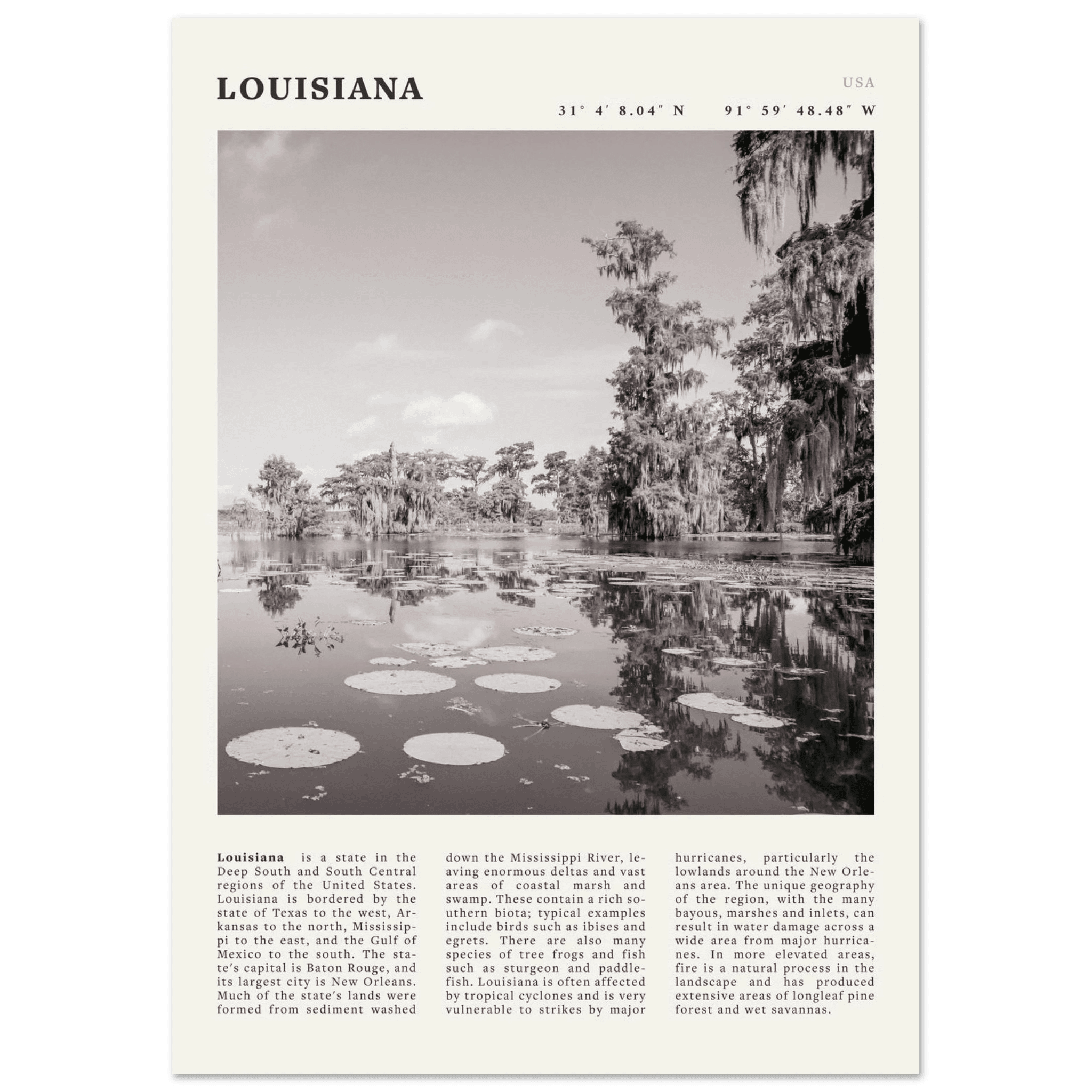 Louisiana Poster | Black & White Bayou Wall Art | Southern USA Travel Print Decor - Evergreen Posters