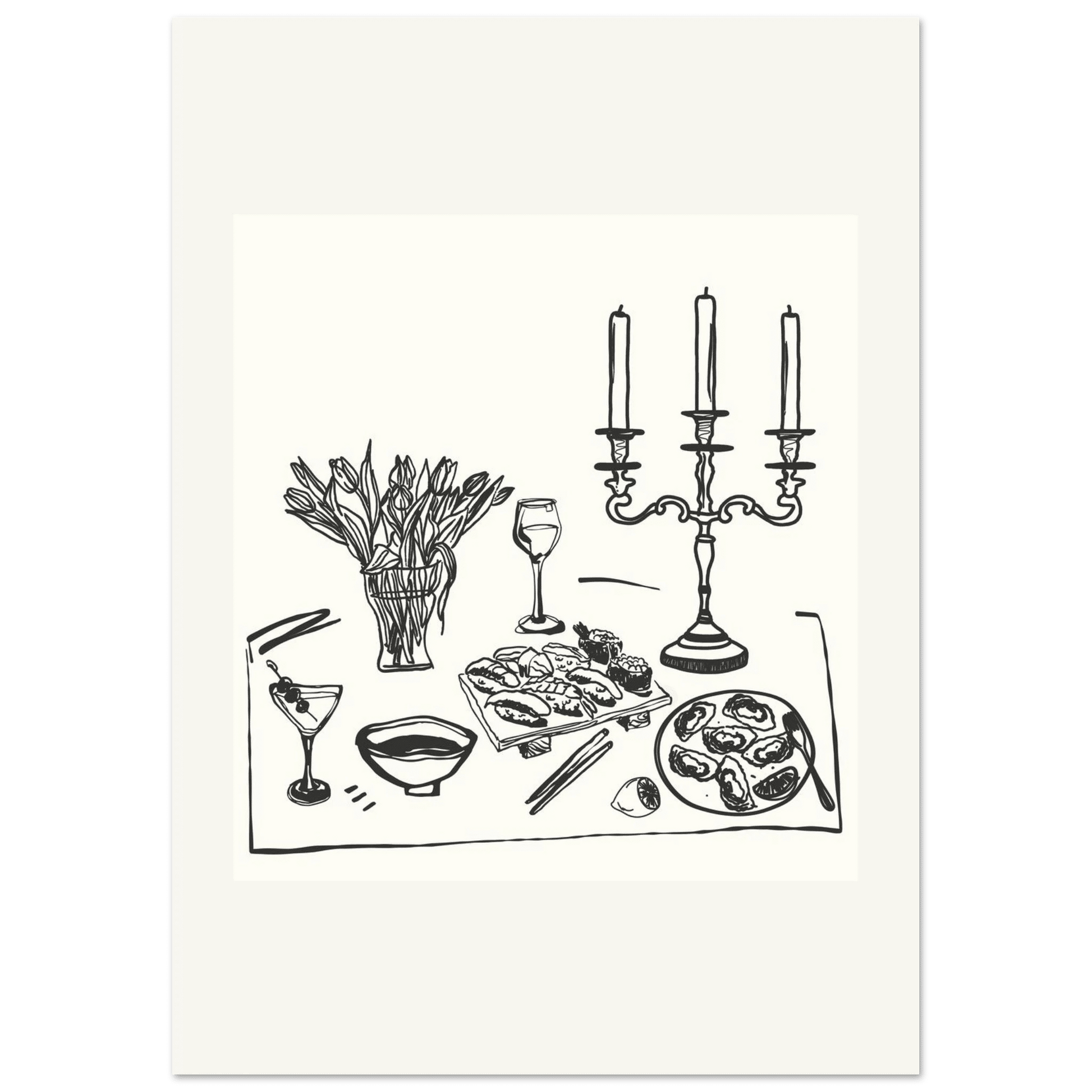 Fine Dining Table Print | Black Line Art Kitchen Wall Art | Elegant Dining Room Poster - Evergreen Posters