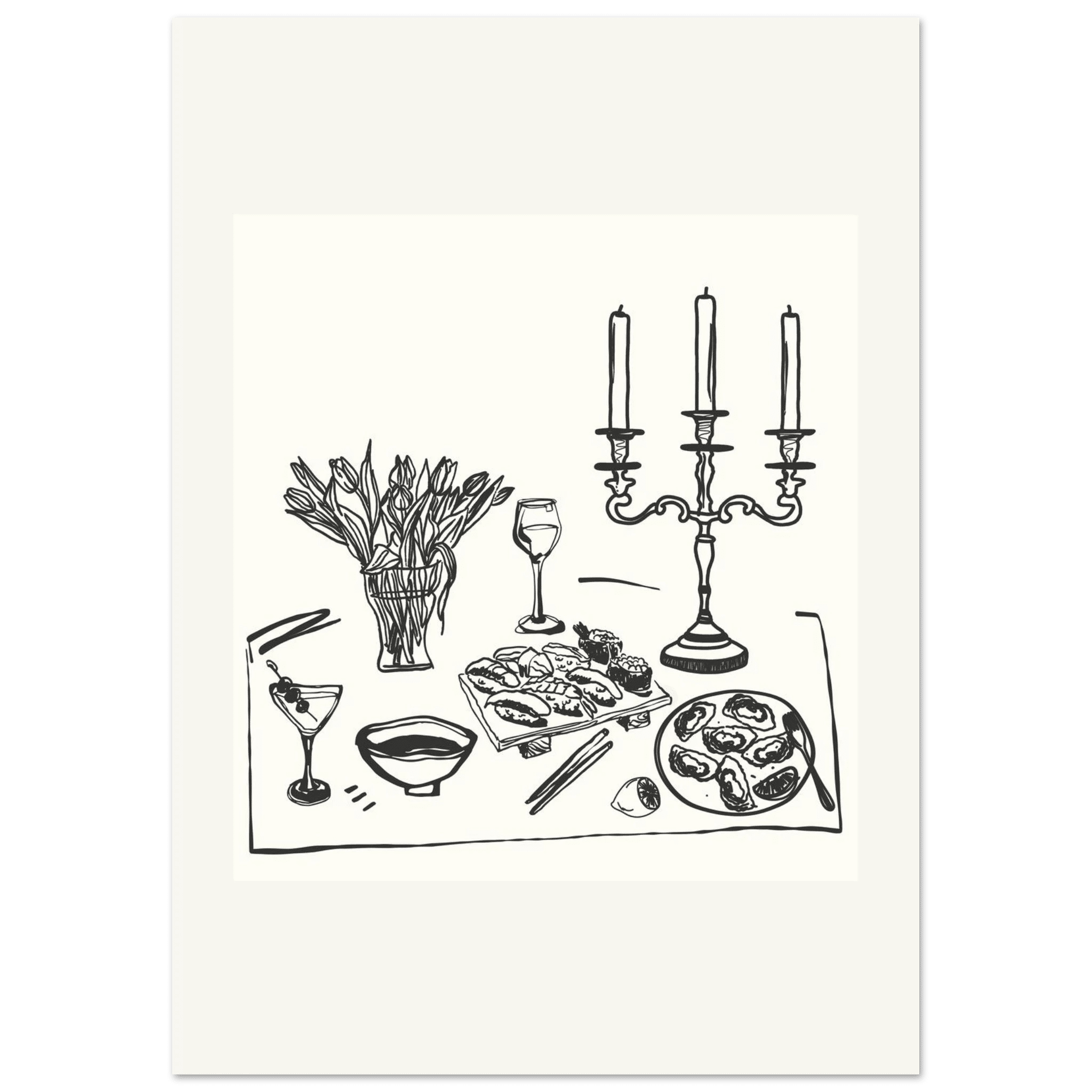 Fine Dining Table Print | Black Line Art Kitchen Wall Art | Elegant Dining Room Poster - Evergreen Posters