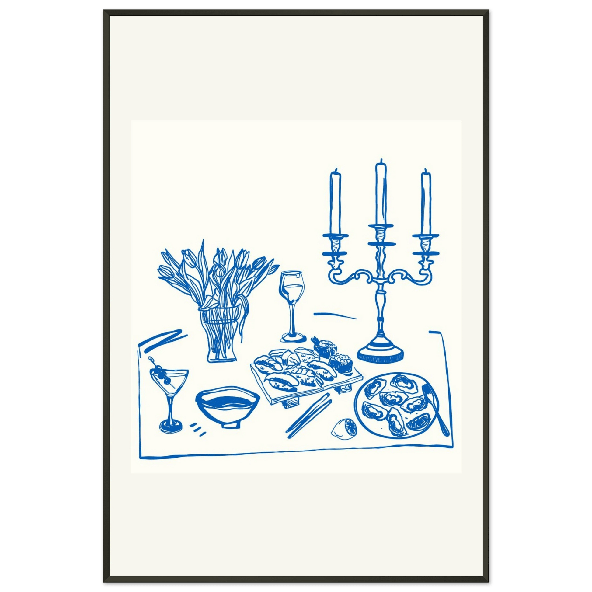 Fine Dining Table Print | Blue Line Art Kitchen Wall Art | Elegant Dining Room Poster - Evergreen Posters