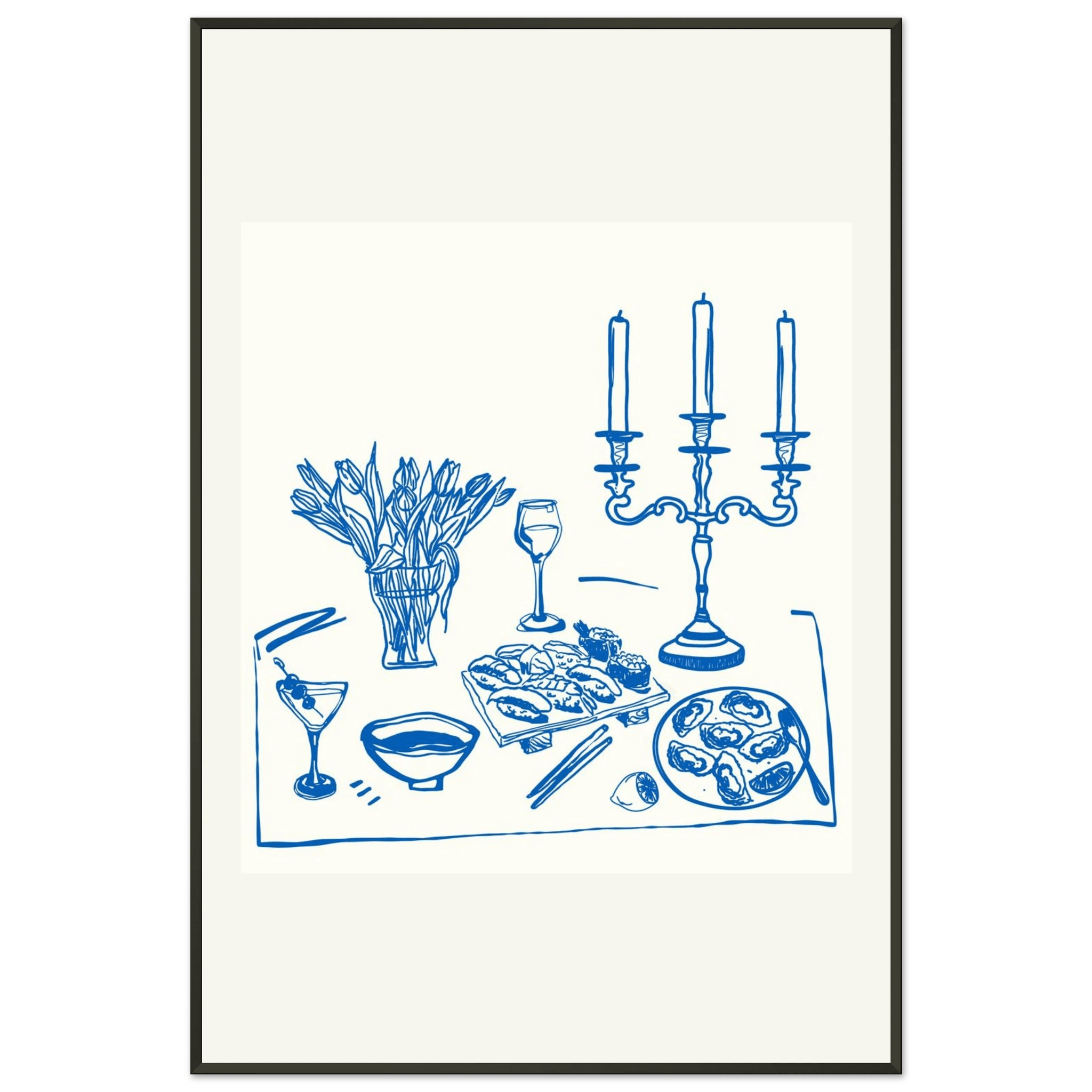 Fine Dining Table Print | Blue Line Art Kitchen Wall Art | Elegant Dining Room Poster - Evergreen Posters