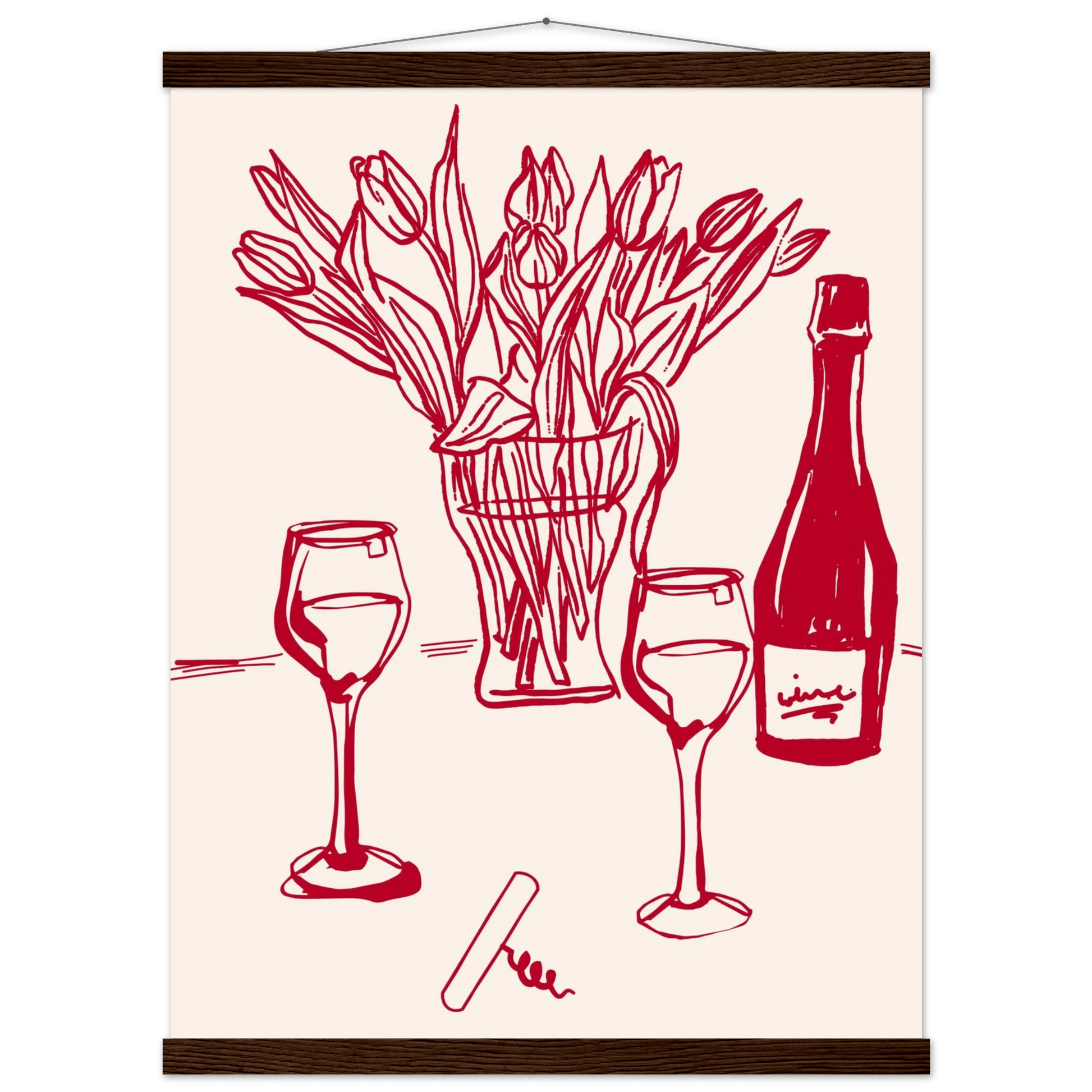 Red Wine & Tulips Print | Line Art Wine Bottle Wall Art | Kitchen Poster - Evergreen Posters