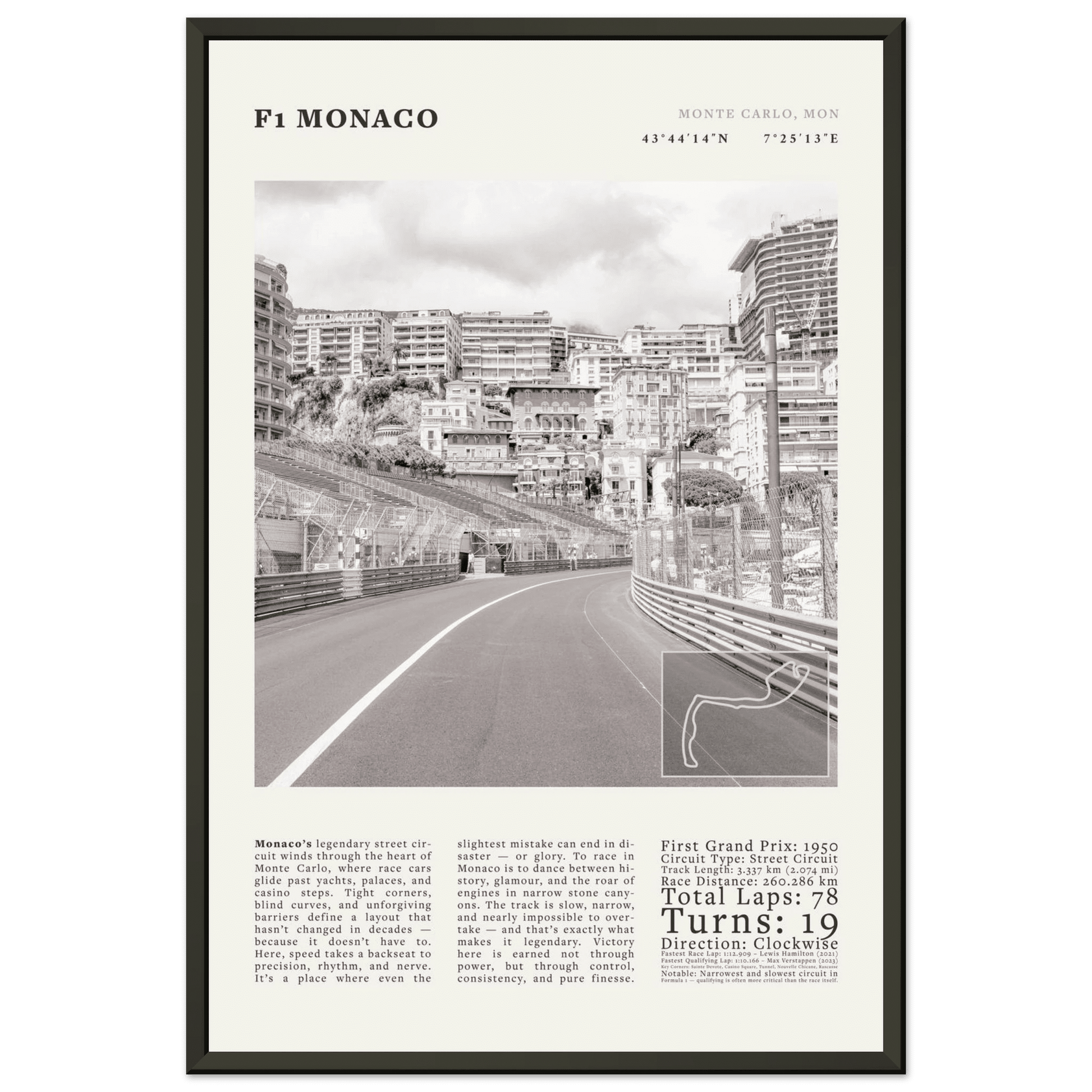 F1 Monaco Poster Black and White – Vintage Monte Carlo Street Circuit Print (Digital & Printed Options) - Evergreen Posters