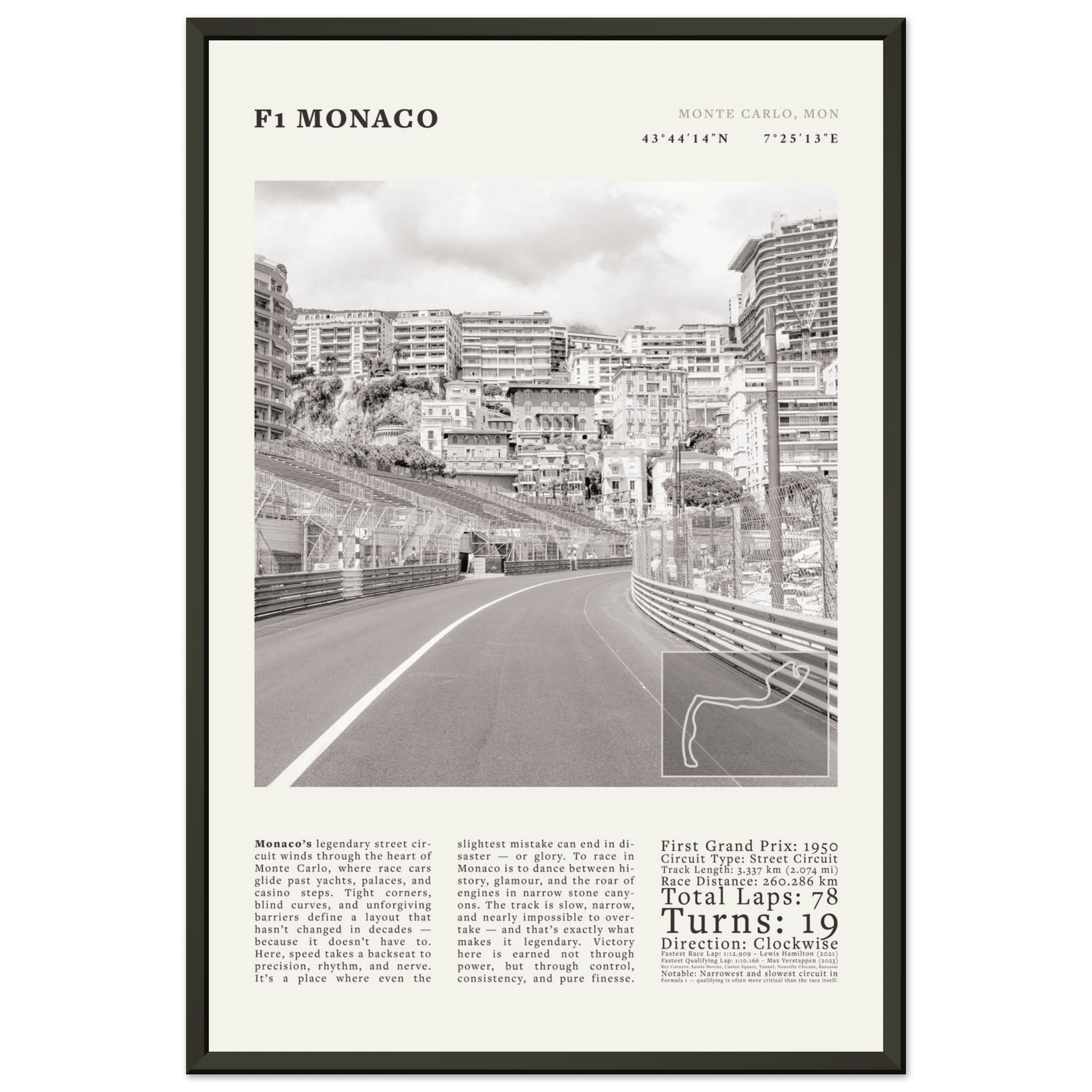 F1 Monaco Poster Black and White – Vintage Monte Carlo Street Circuit Print (Digital & Printed Options) - Evergreen Posters